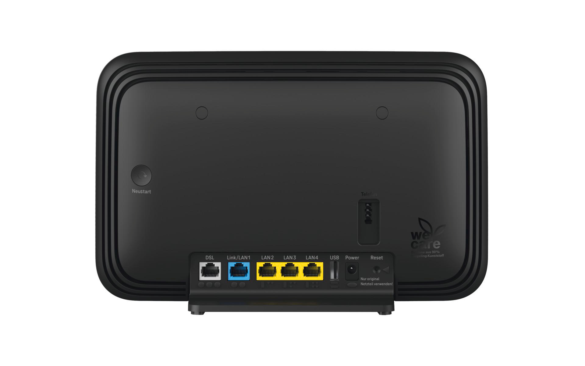Schwarzer Router mit verschiedenen Anschlüssen und Knöpfen. Beschriftete Anschlüsse sind DSL, LAN, USB und Reset. Markenlogo und Text sichtbar.