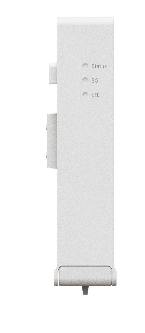Ein weißes Gerät mit Statusanzeigen für Status, 5G und LTE. Es hat eine rechteckige Form mit einigen hervorstehenden Elementen.