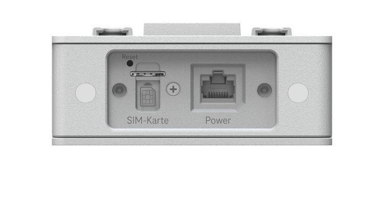 Ein hellgraues Gerät mit SIM-Karten-Slot, Stromanschluss und Reset-Taste. Textbeschriftungen: SIM-Karte, Power und Reset. Zwei weiße Kreise.