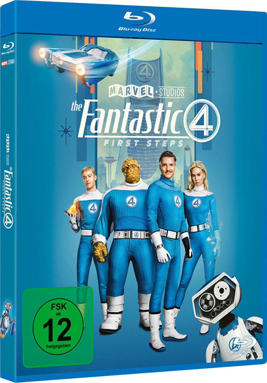 Blu-ray-Cover von Fantastic Four. Das Team trägt blaue Anzüge. The Thing, Human Torch, Mr. Fantastic und Invisible Woman sind abgebildet.