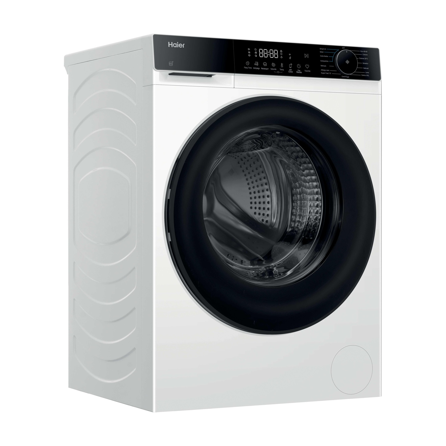 Una lavatrice Haier bianca con porta e pannello di controllo neri. Ha un display digitale.