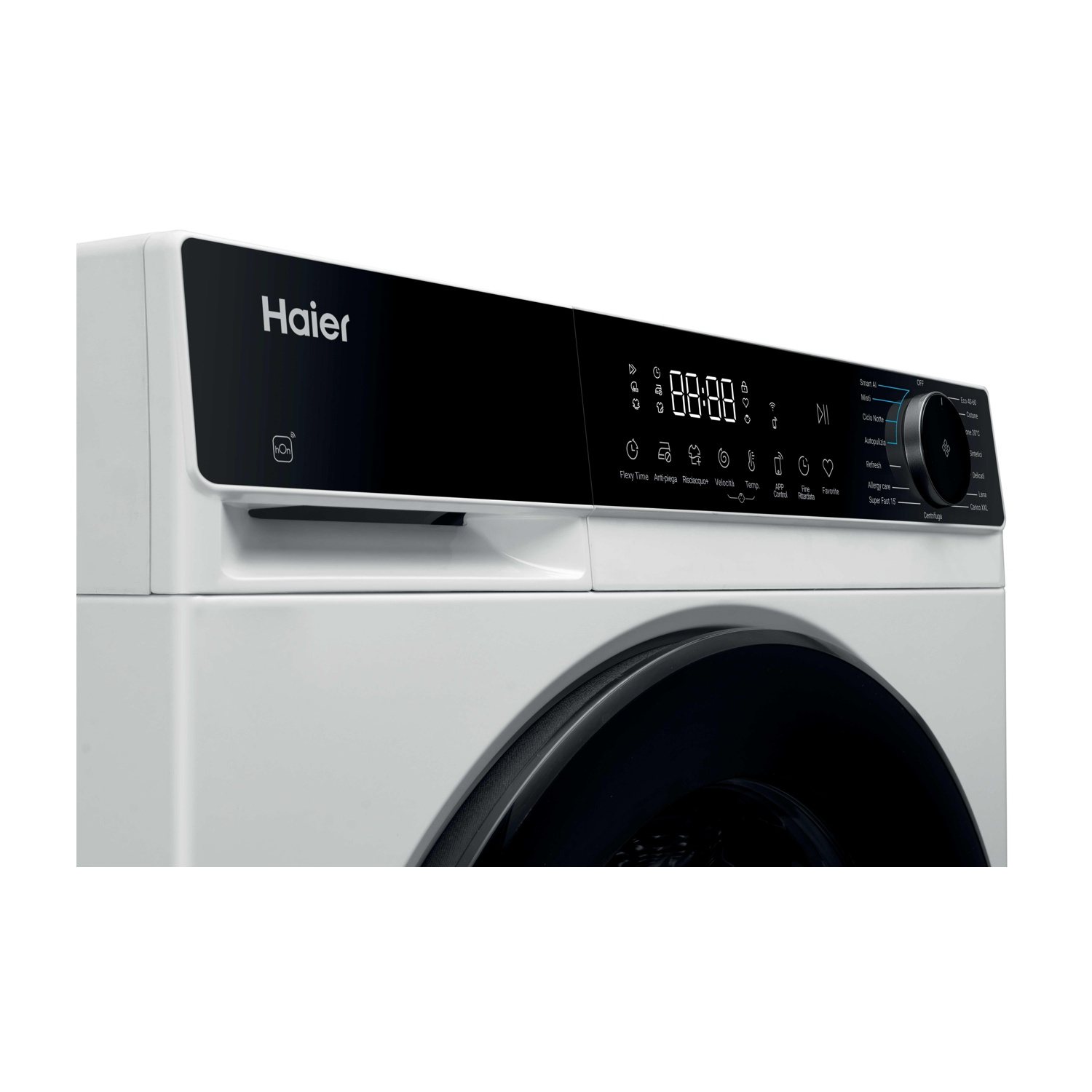 Lavatrice Haier con display digitale nero che mostra tempo e impostazioni. Pulsanti e un quadrante circolare.