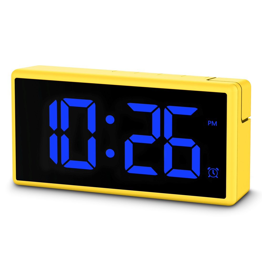 Żółty zegar cyfrowy wyświetla godzinę 22:26. Liczby są niebieskie na czarnym tle. Zegar jest prostokątny.