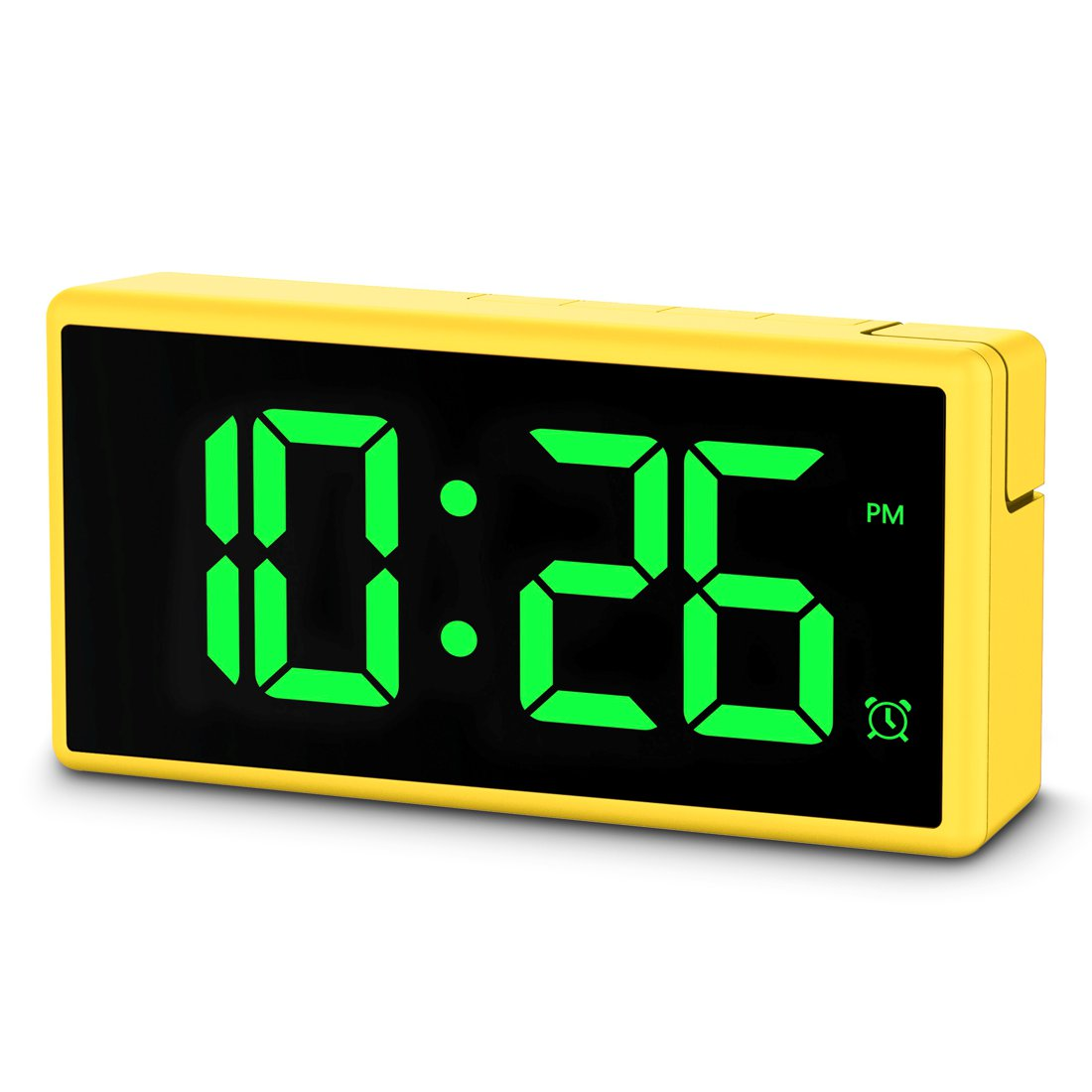 Żółty zegar cyfrowy wyświetla godzinę 10:26 PM w zielonych cyfrach. Zegar ma czarny wyświetlacz i żółtą ramkę.