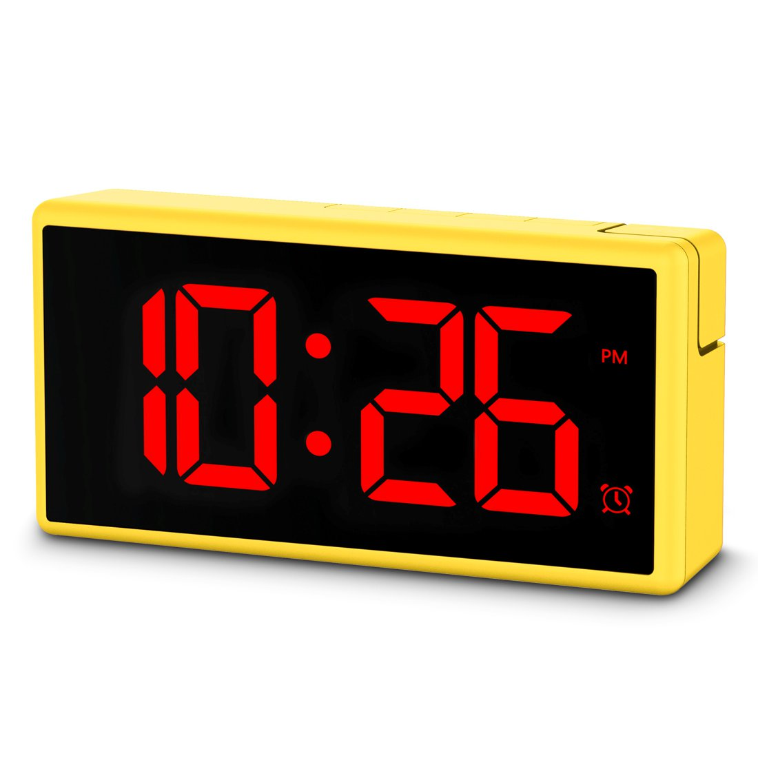 Żółty zegar cyfrowy wyświetla 10:26 PM. Zegar ma czarny ekran z czerwonymi cyframi. Widoczna jest mała ikona budzika.
