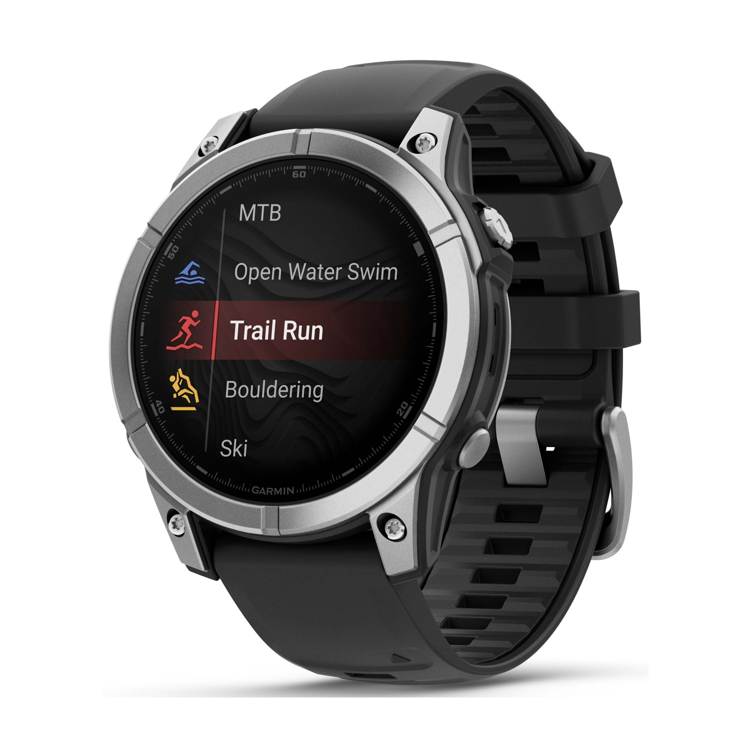 Uno smartwatch Garmin nero e argento mostra le opzioni di attività: MTB, Nuoto in acque libere, Trail Run, Boulder e Sci.