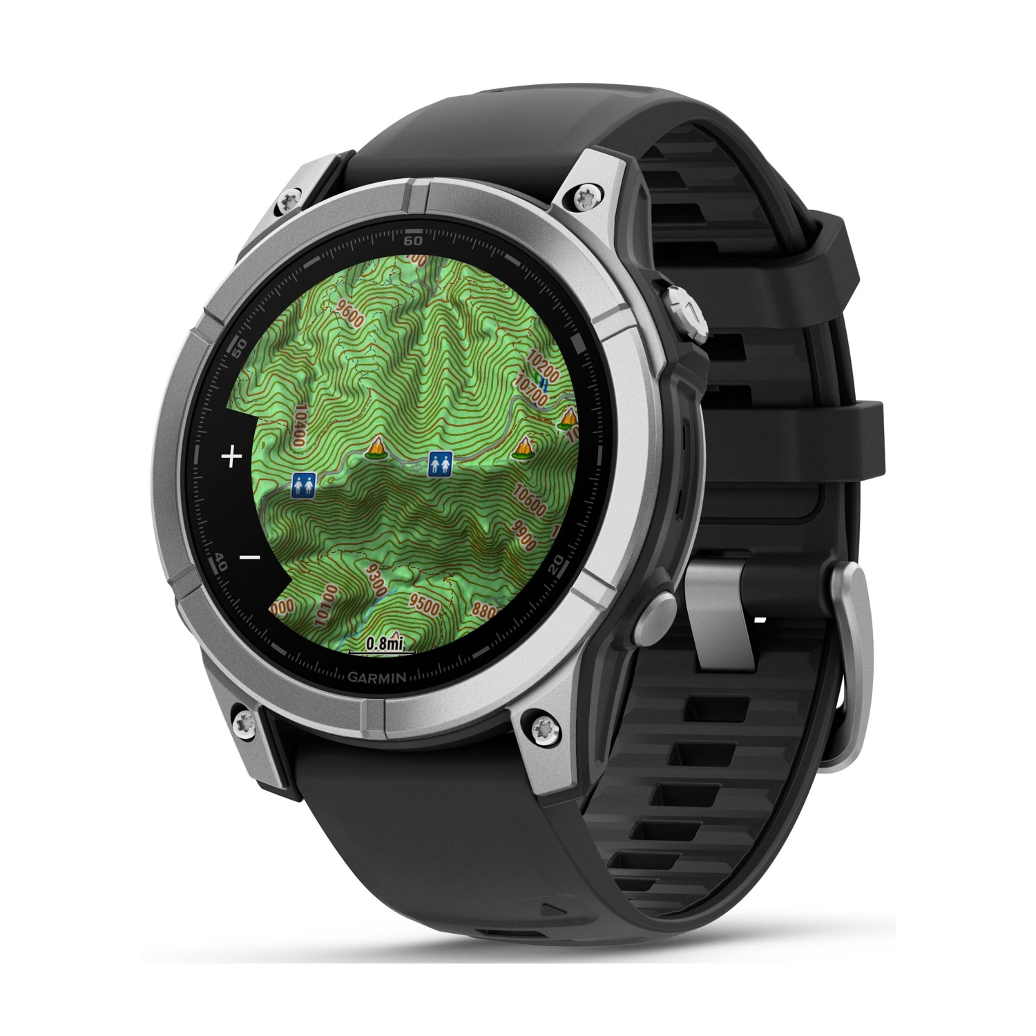 Uno smartwatch che mostra una mappa topografica. L'orologio è nero e argento, con un cinturino nero. La mappa mostra terreno verde e marrone.