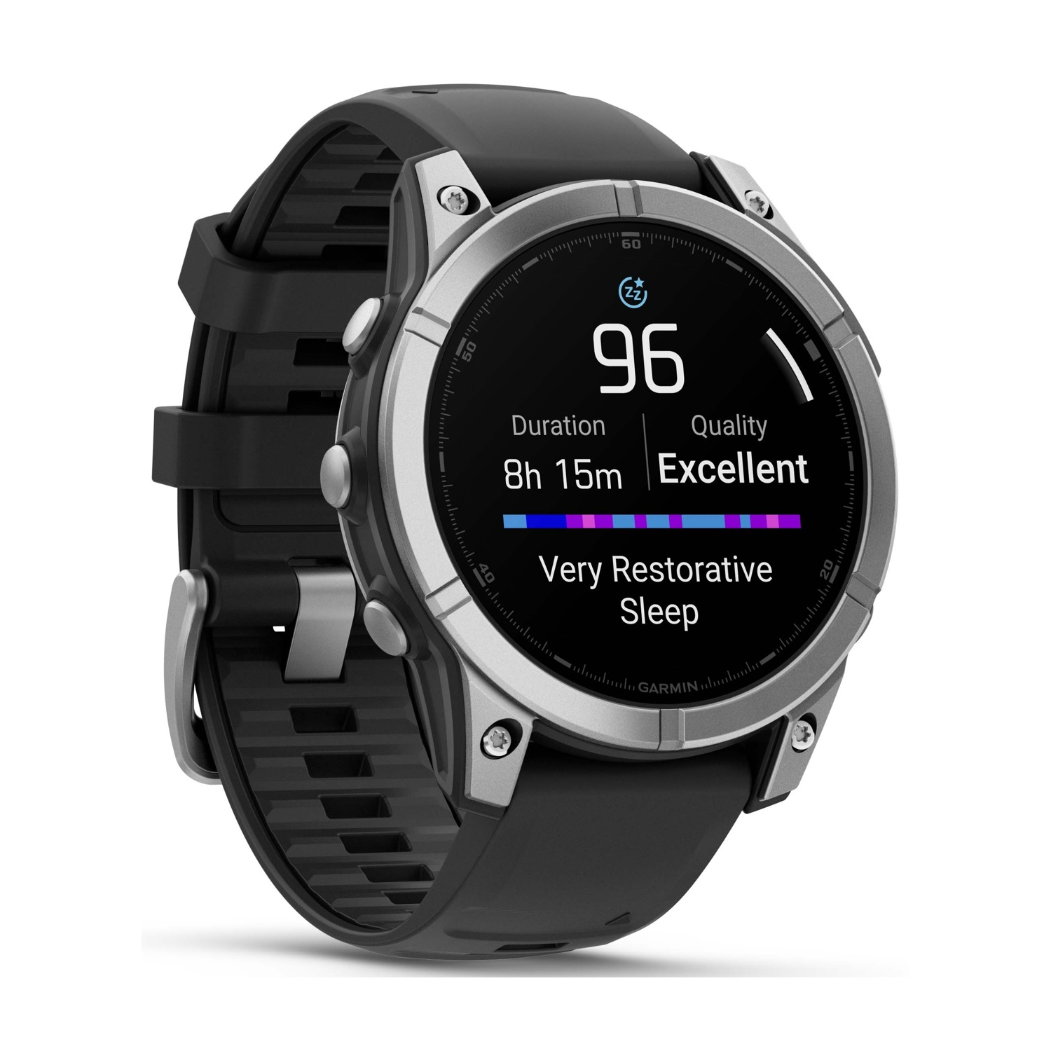 Smartwatch che mostra i dati del sonno. Mostra durata, qualità e punteggio del sonno di 96. L'orologio ha un cinturino nero e una lunetta argentata.