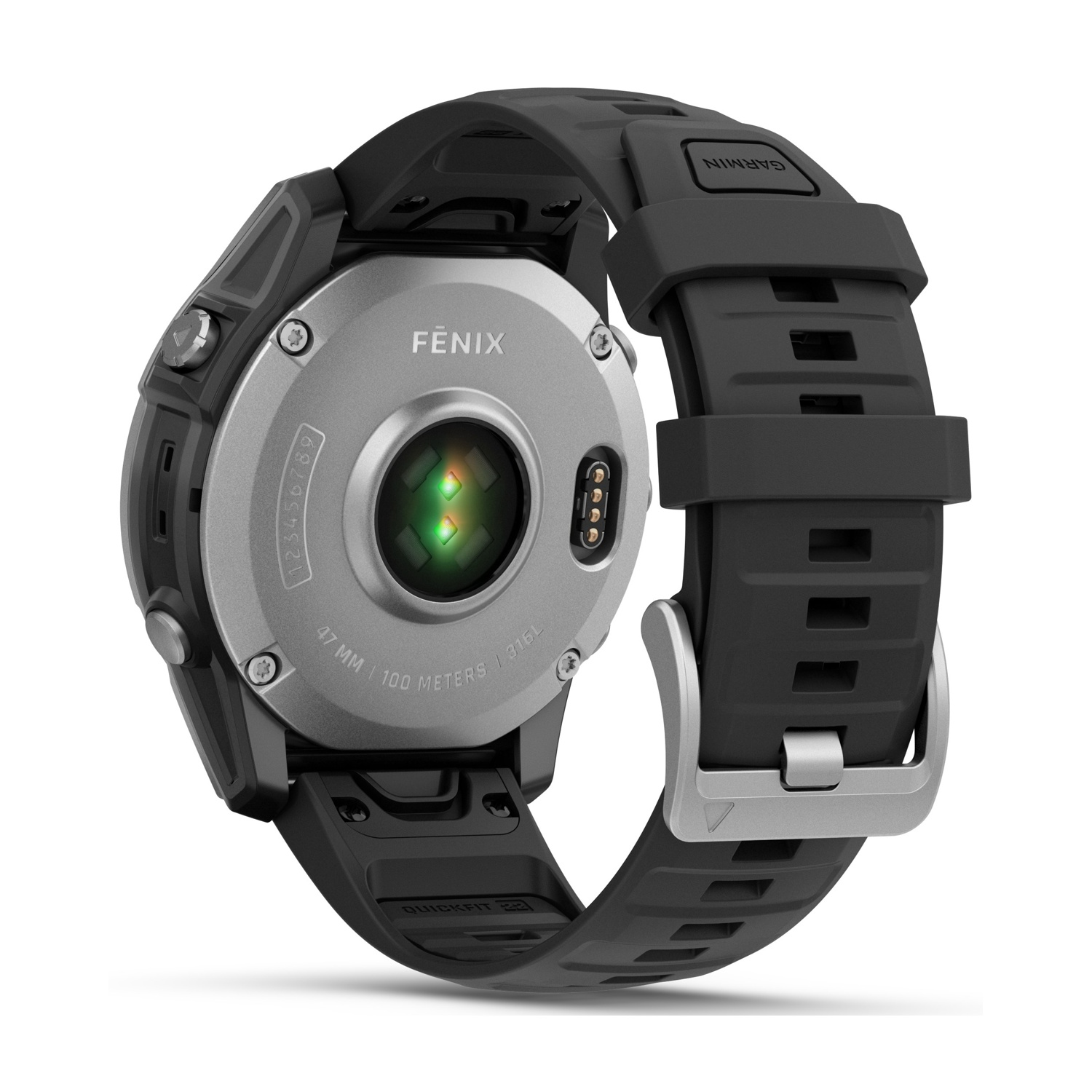 Uno smartwatch Garmin Fenix nero, vista posteriore, su sfondo bianco. Presenta cassa argentata, cinturino nero e sensore di frequenza cardiaca.