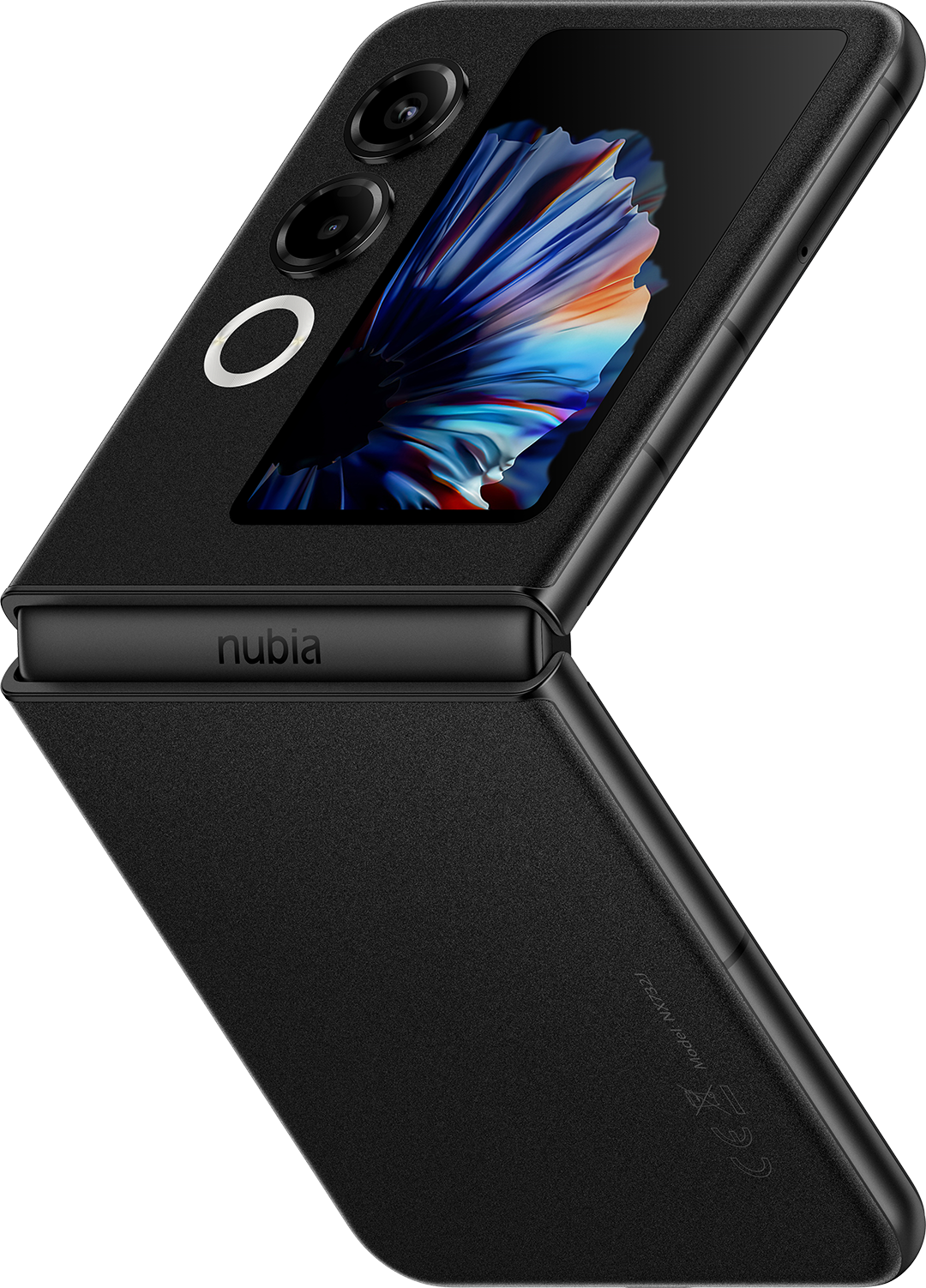 Fekete, összecsukható nubia telefon, részben nyitva. Kamerák, színes absztrakt művészettel ellátott képernyő és a nubia logója.