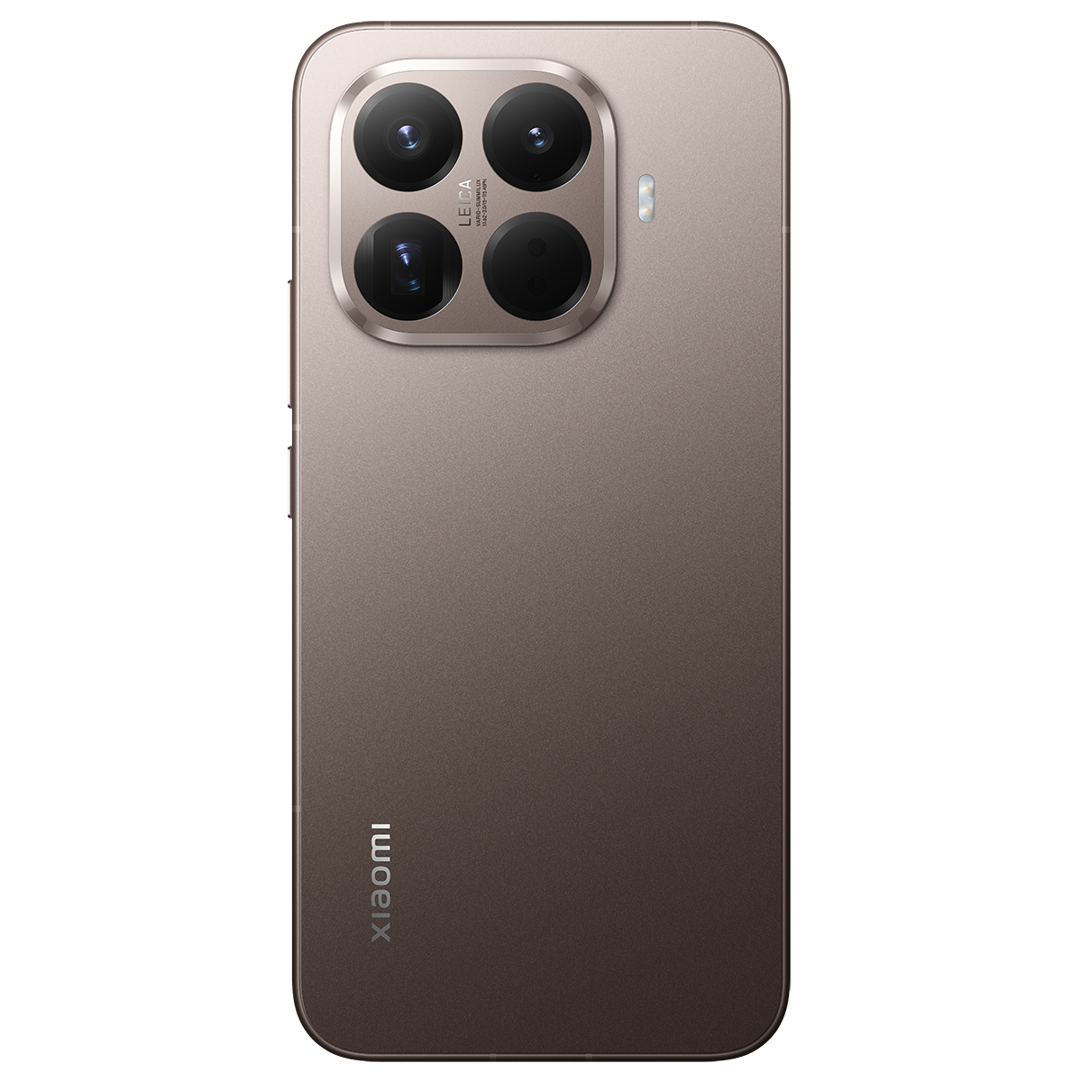 Kahverengi bir Xiaomi akıllı telefonun arkası. Üstte dört kamera merceği, Leica markası. Xiaomi logosu altta dikey.