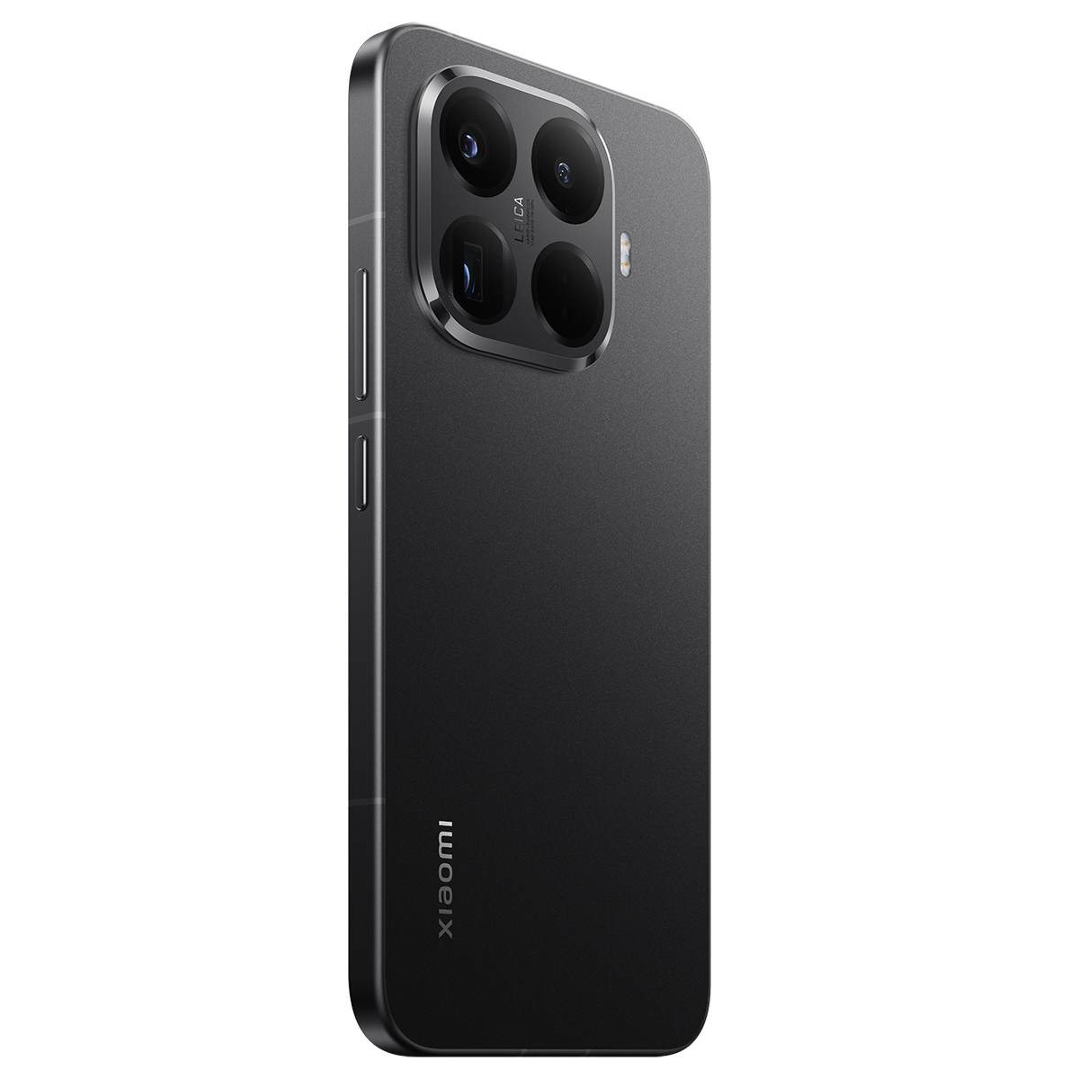 Kameralı bir diziye sahip siyah bir akıllı telefon. Telefonda Leica markası ve Xiaomi logosu var. Arka plan beyaz.