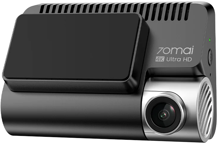 Egy fekete 70mai 4K Ultra HD autós kamera. Van egy képernyője, egy objektívje és egy gombja.