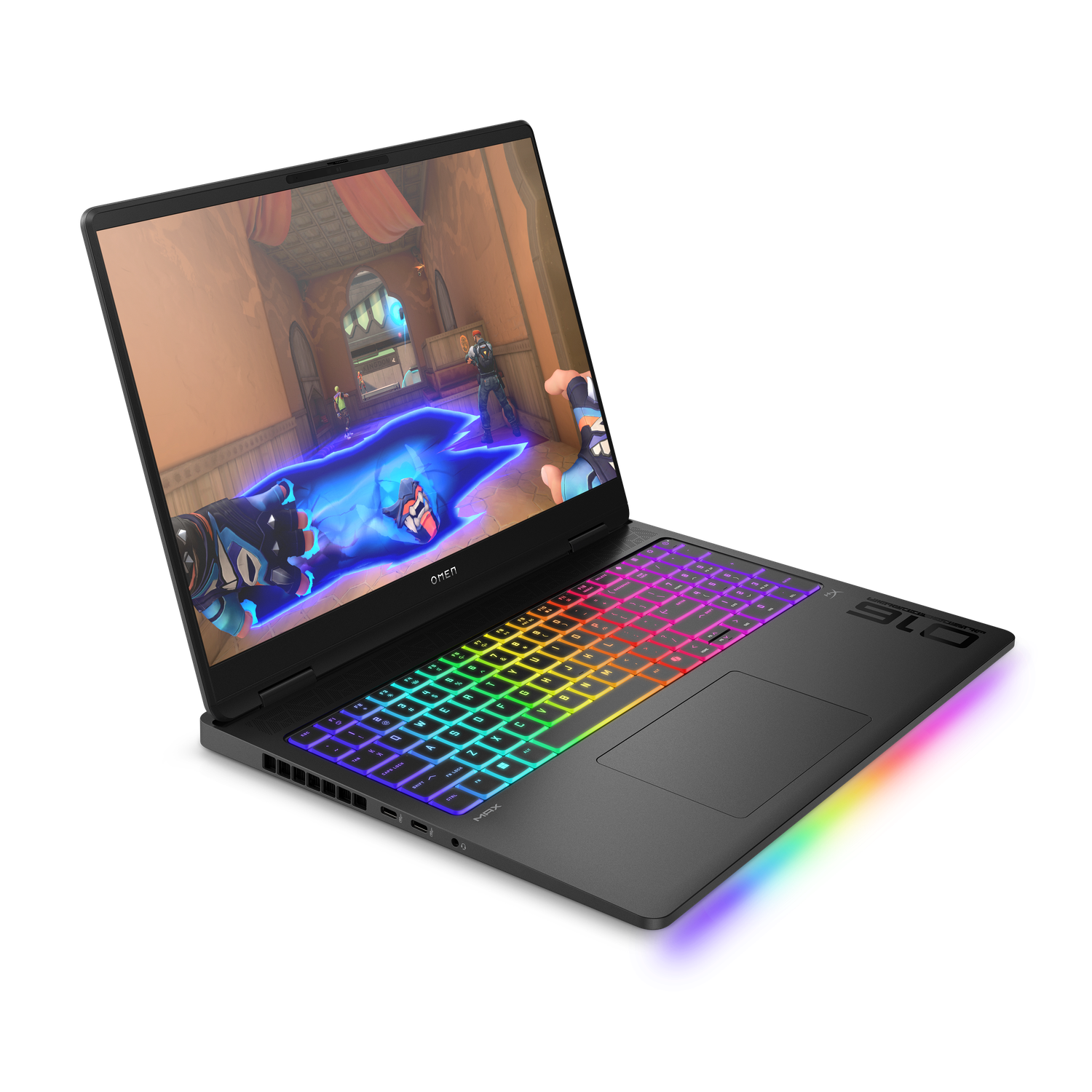 A black Omen laptop displays a game scene with characters. The keyboard glows with rainbow colors. The bottom has a colorful light bar.