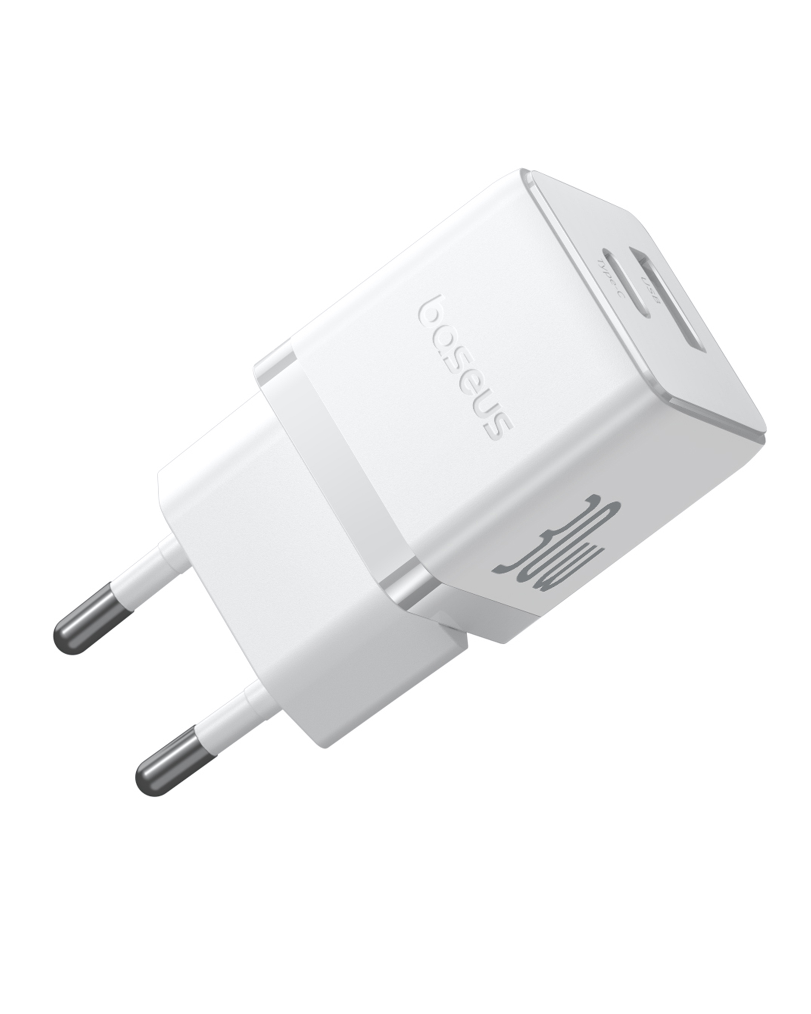 Fehér Baseus 30 W-os töltő. Két csatlakozója és USB-C portja van. A márkanév és a teljesítmény látható.