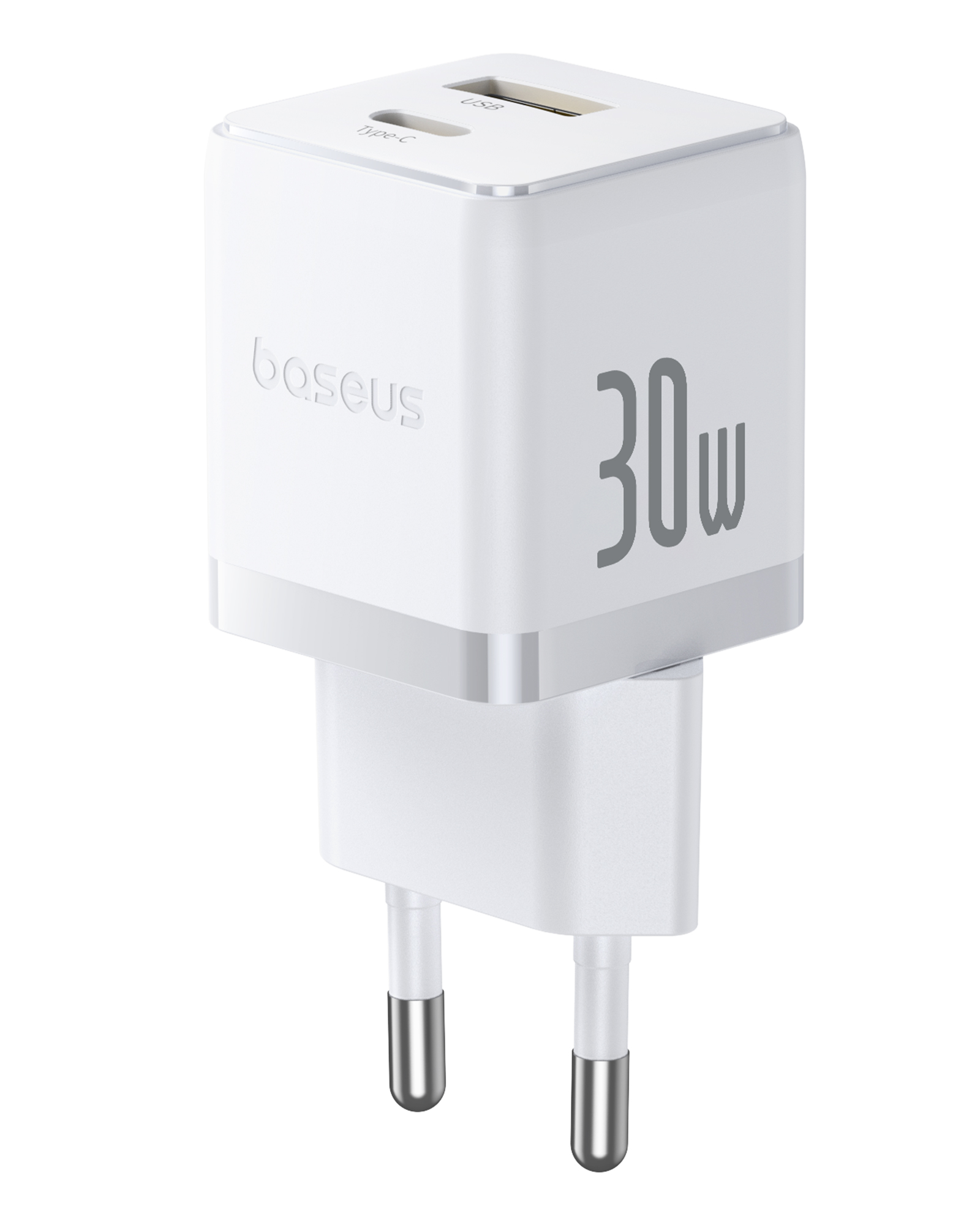 Fehér Baseus 30W-os töltő USB és Type-C portokkal. Kétágú dugója van európai konnektorokhoz.