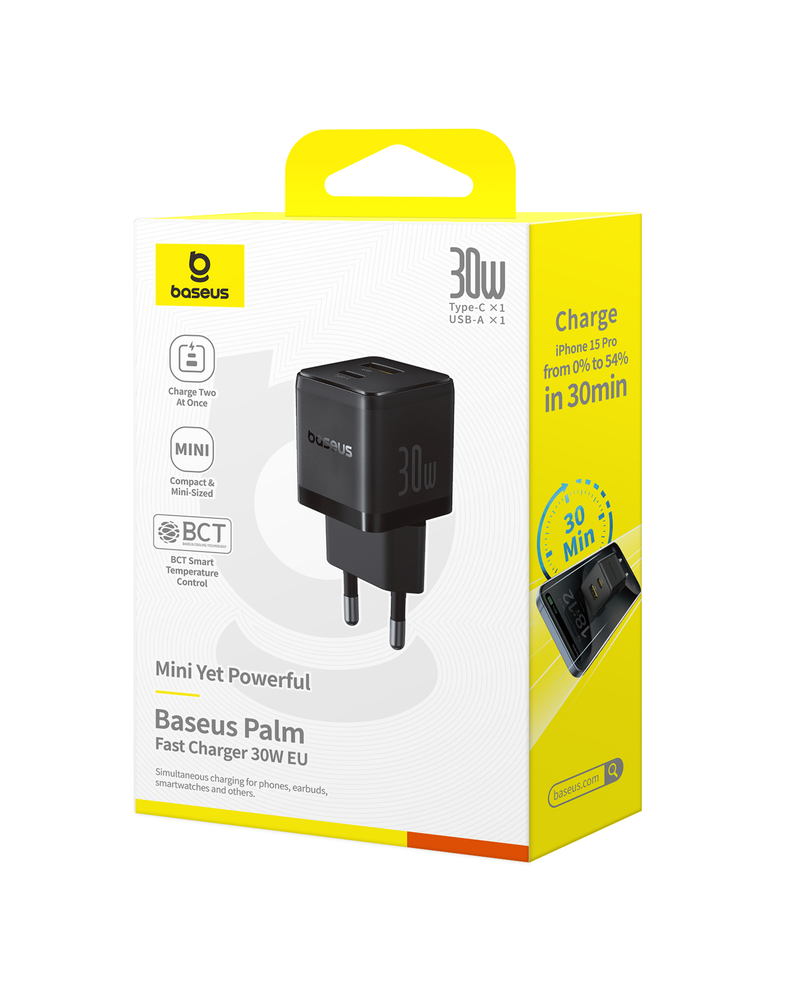 Baseus Palm 30W töltődoboz. Jellemzők: gyorstöltés, C-típusú és USB-A portok, iPhone 15 Pro-t 30 perc alatt 0%-ról 54%-ra tölt.