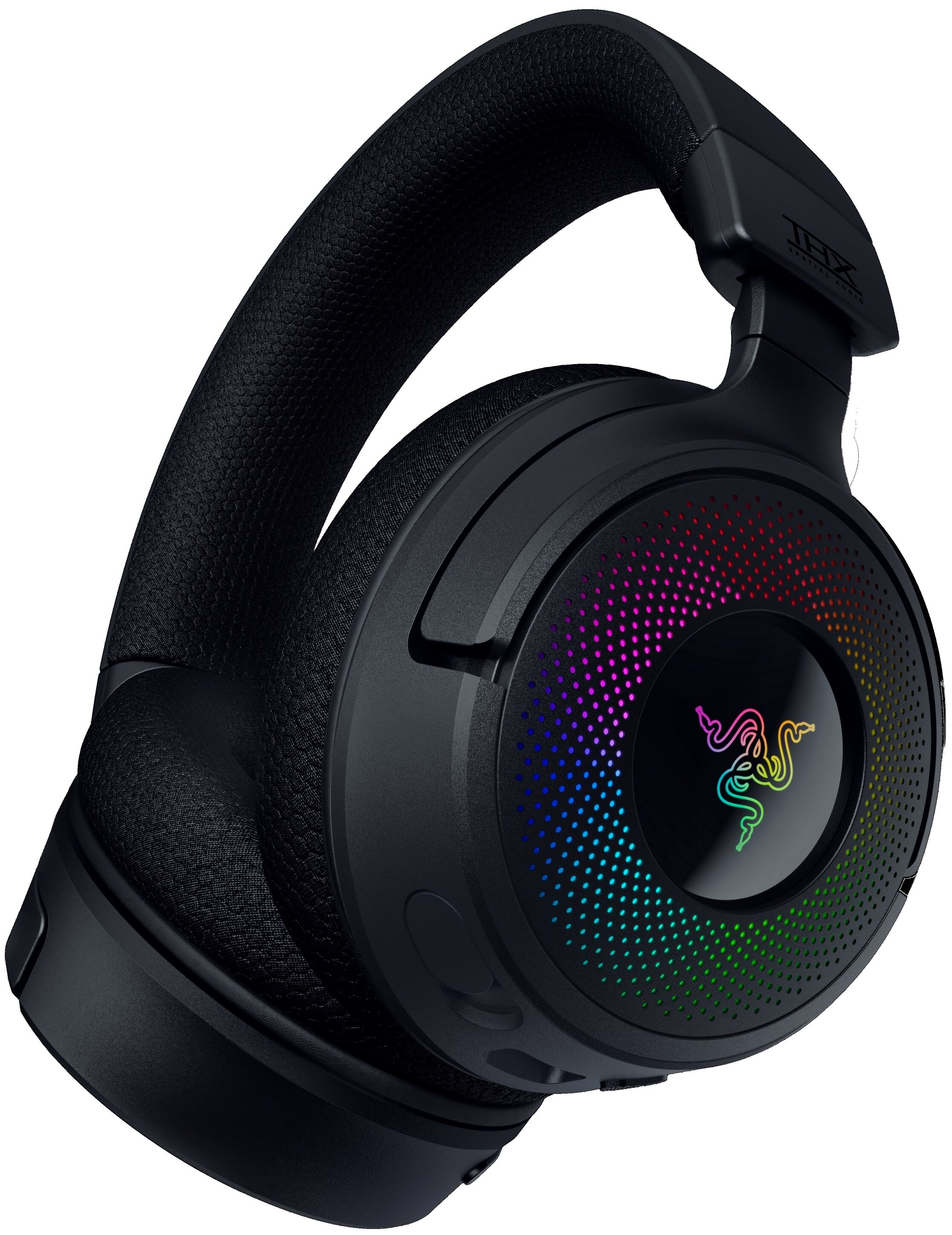 Czarne słuchawki dla graczy Razer z podświetleniem RGB. Posiadają wyściełany pałąk i nauszniki, logo Razer.