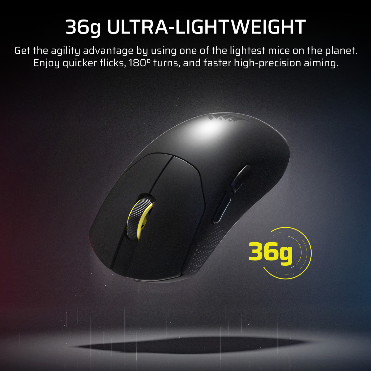 Zwarte muis met gele accenten, zweeft in de lucht. Tekst: '36g Ultra-Lightweight'. Achtergrond donker met reflecties.