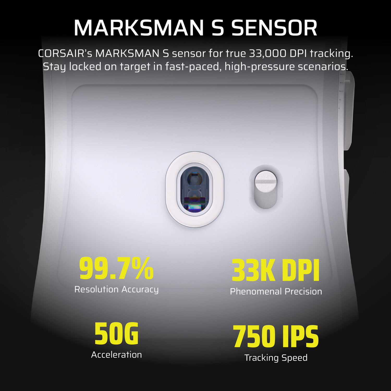Witte muis met tekst: MARKSMAN S SENSOR, 99,7% resolutie, 33K DPI, 50G acceleratie, 750 IPS volgsnelheid.