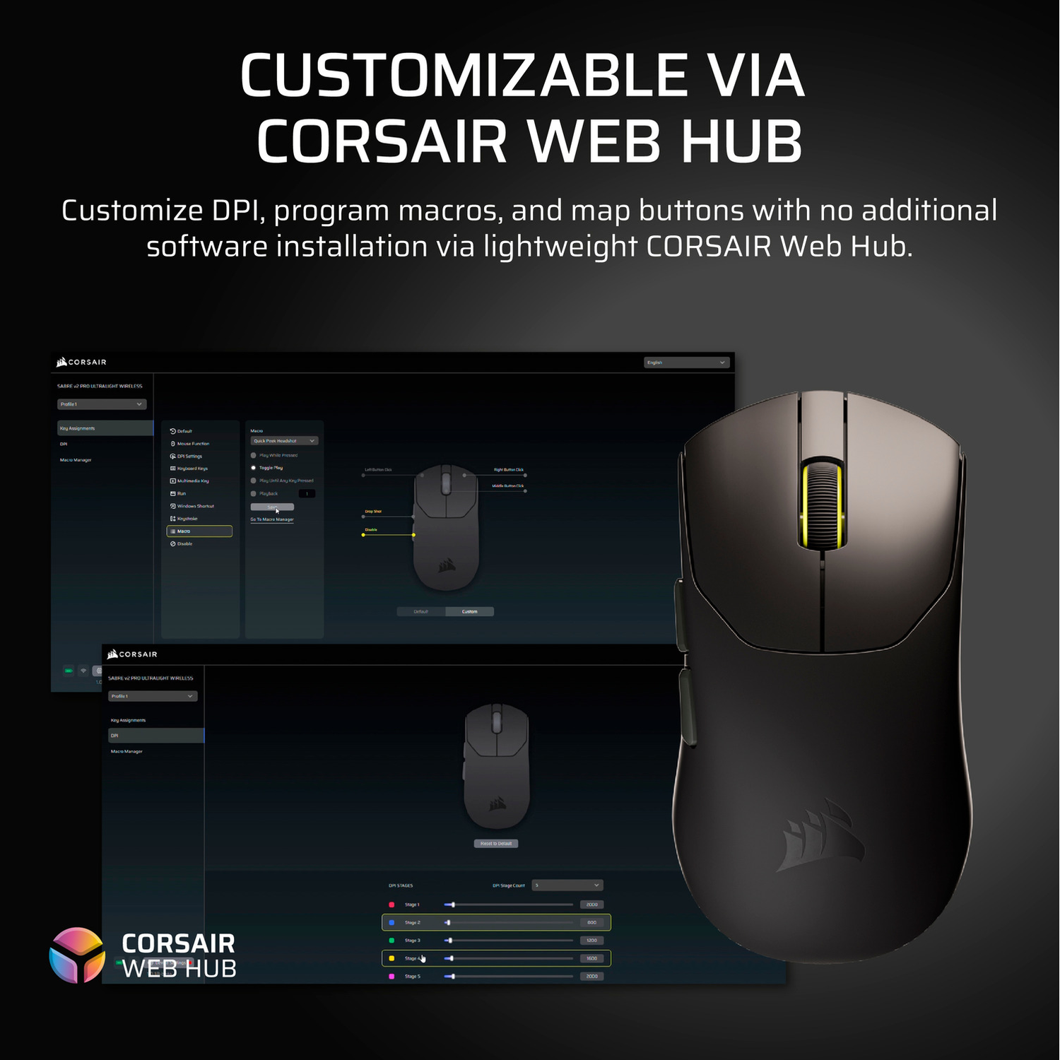 Zwarte Corsair-muis met gele accenten, aanpassingsinterface en tekst: 'CUSTOMIZABLE VIA CORSAIR WEB HUB'.