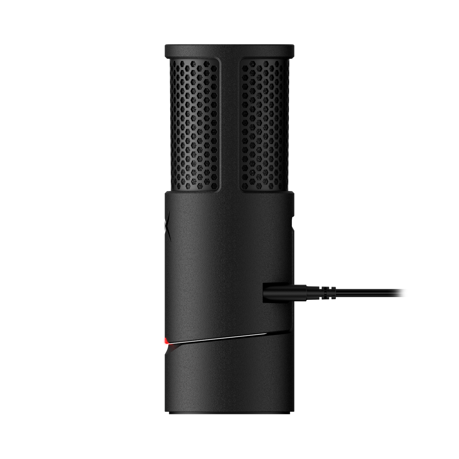 A black microphone on a black background. It has a mesh top, a red light, and a cable plugged in.