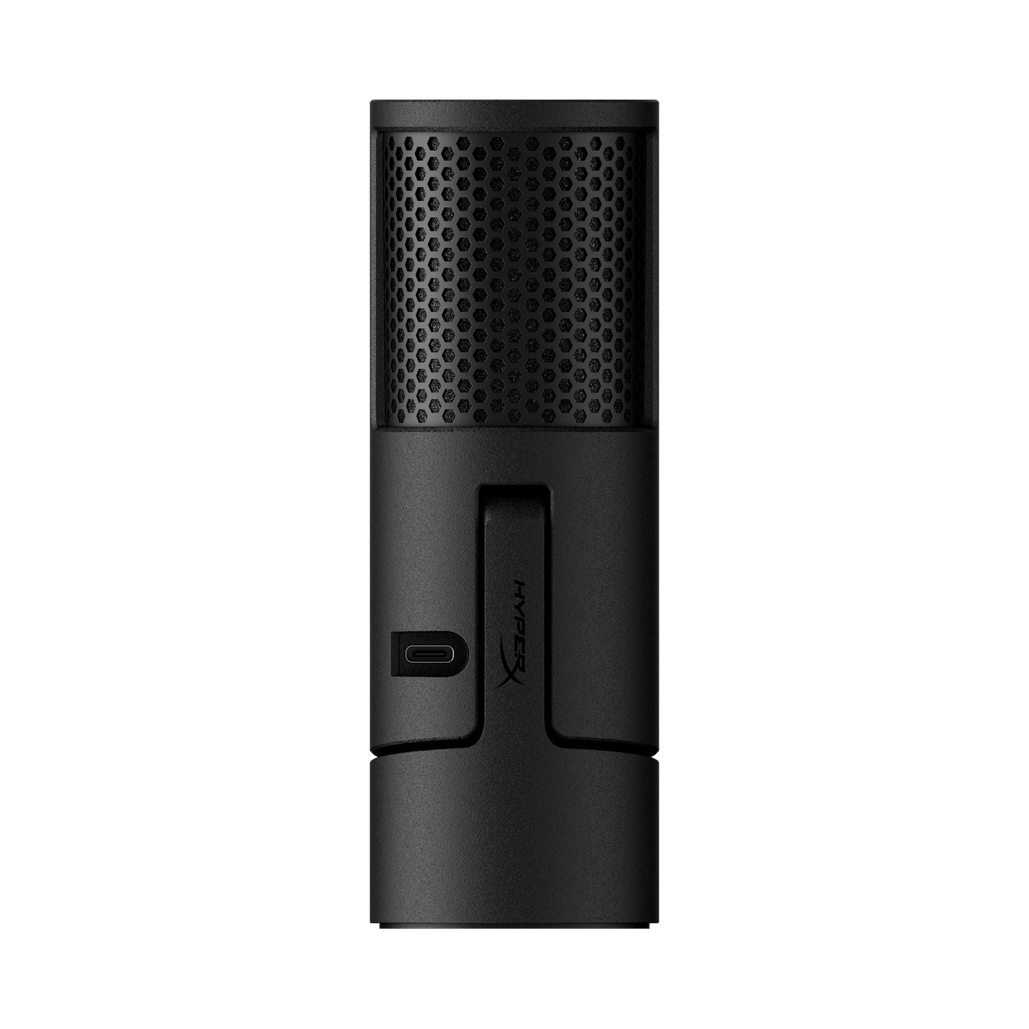 A black HyperX microphone. It has a mesh top, a USB-C port, and the HyperX logo. The background is black.