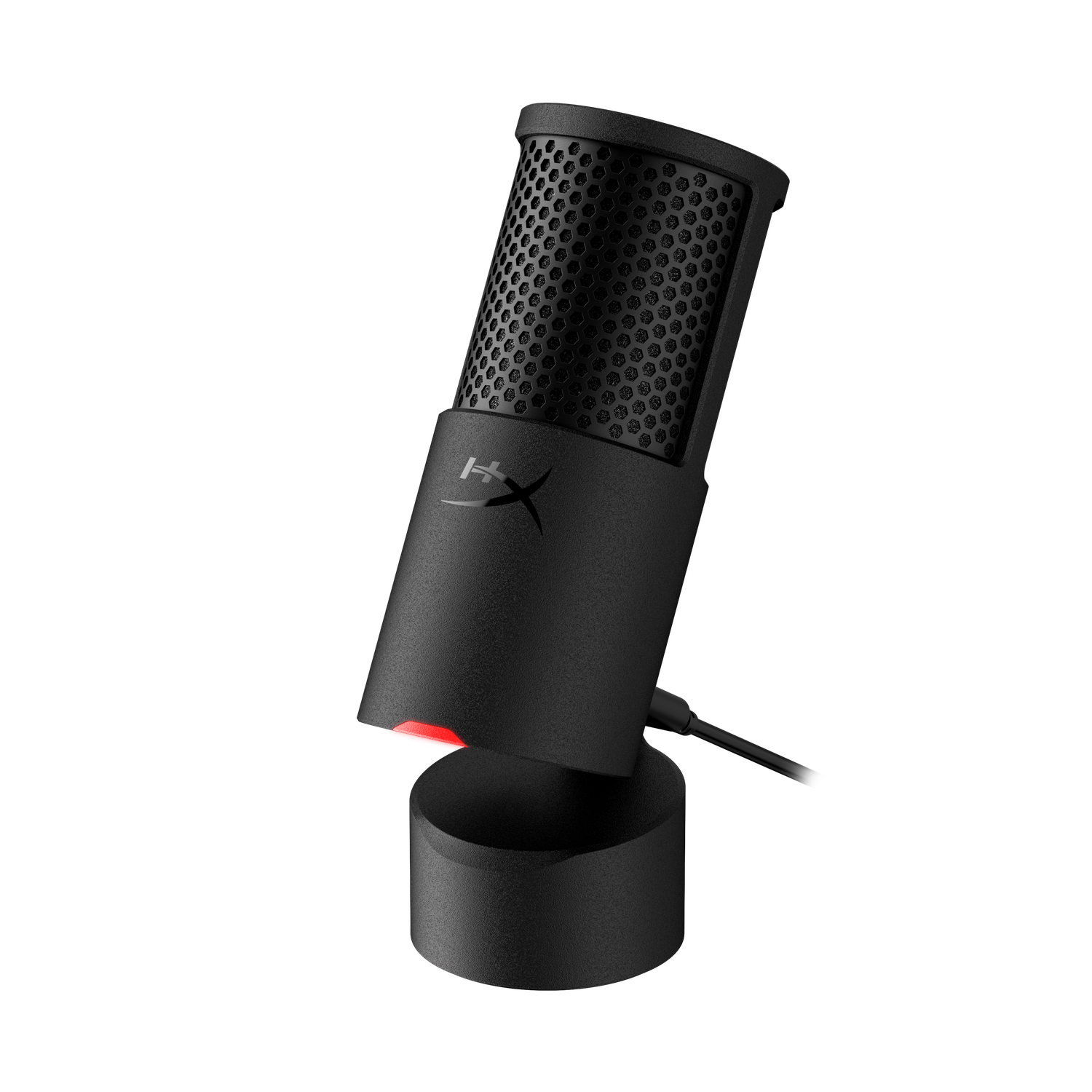 Black microphone on a stand, with a red light. The mic has a mesh top and a logo. Black background.