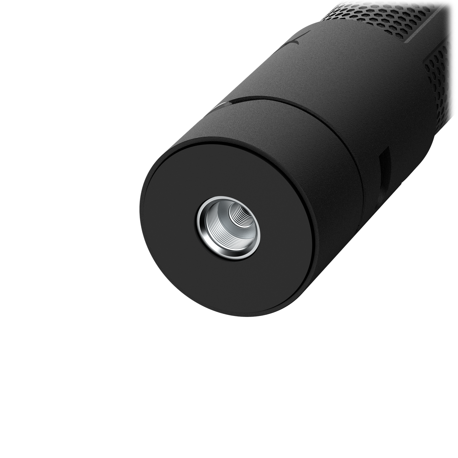 Close-up of a black cylindrical object with a silver threaded opening. Texture is visible on the body. The background is black.