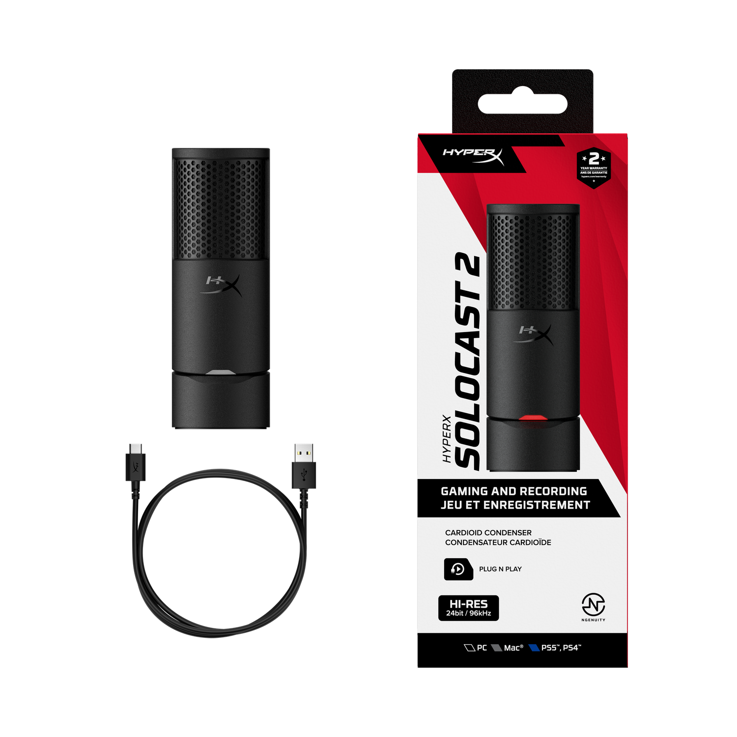A black HyperX Solocast 2 microphone with a USB cable and box. The box displays the microphone and features.