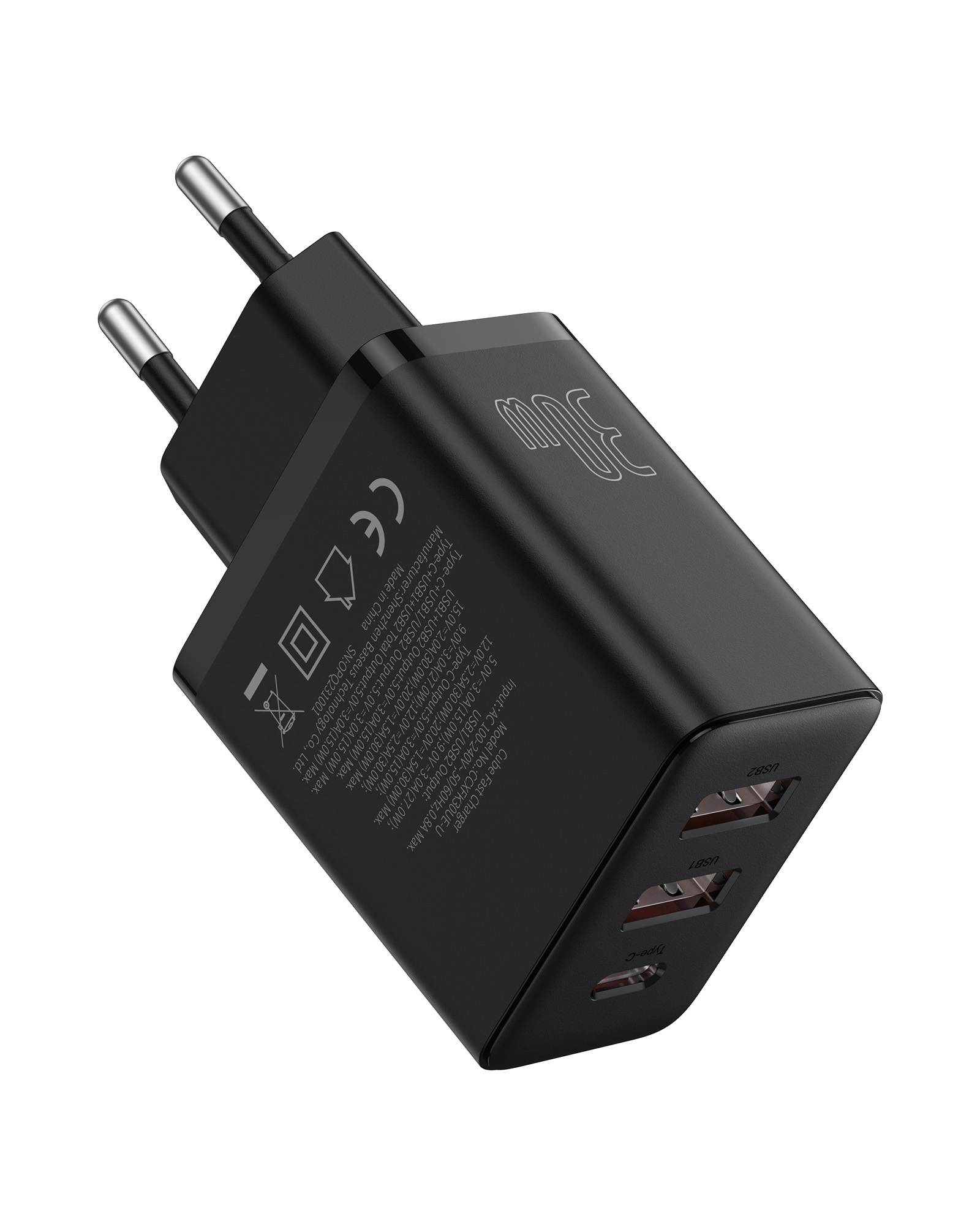 Fekete 30 W-os gyorstöltő, kétpólusú dugóval, Type-C, USB1 és USB2 portokkal, specifikációval ellátva.