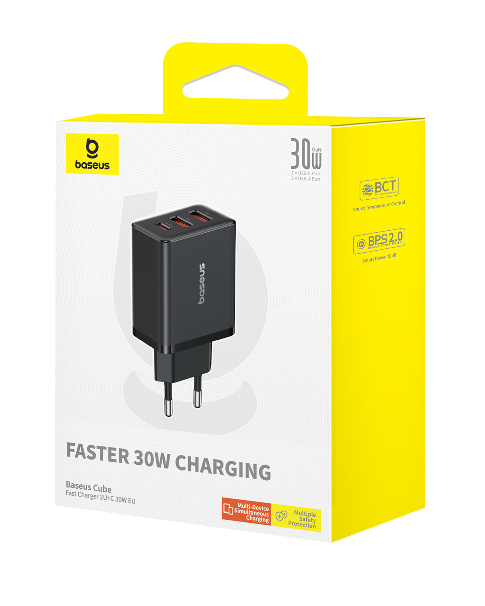 Egy Baseus 30W-os töltődoboz, fekete és sárga. Kocka alakú, két USB-A és egy USB-C porttal rendelkezik.