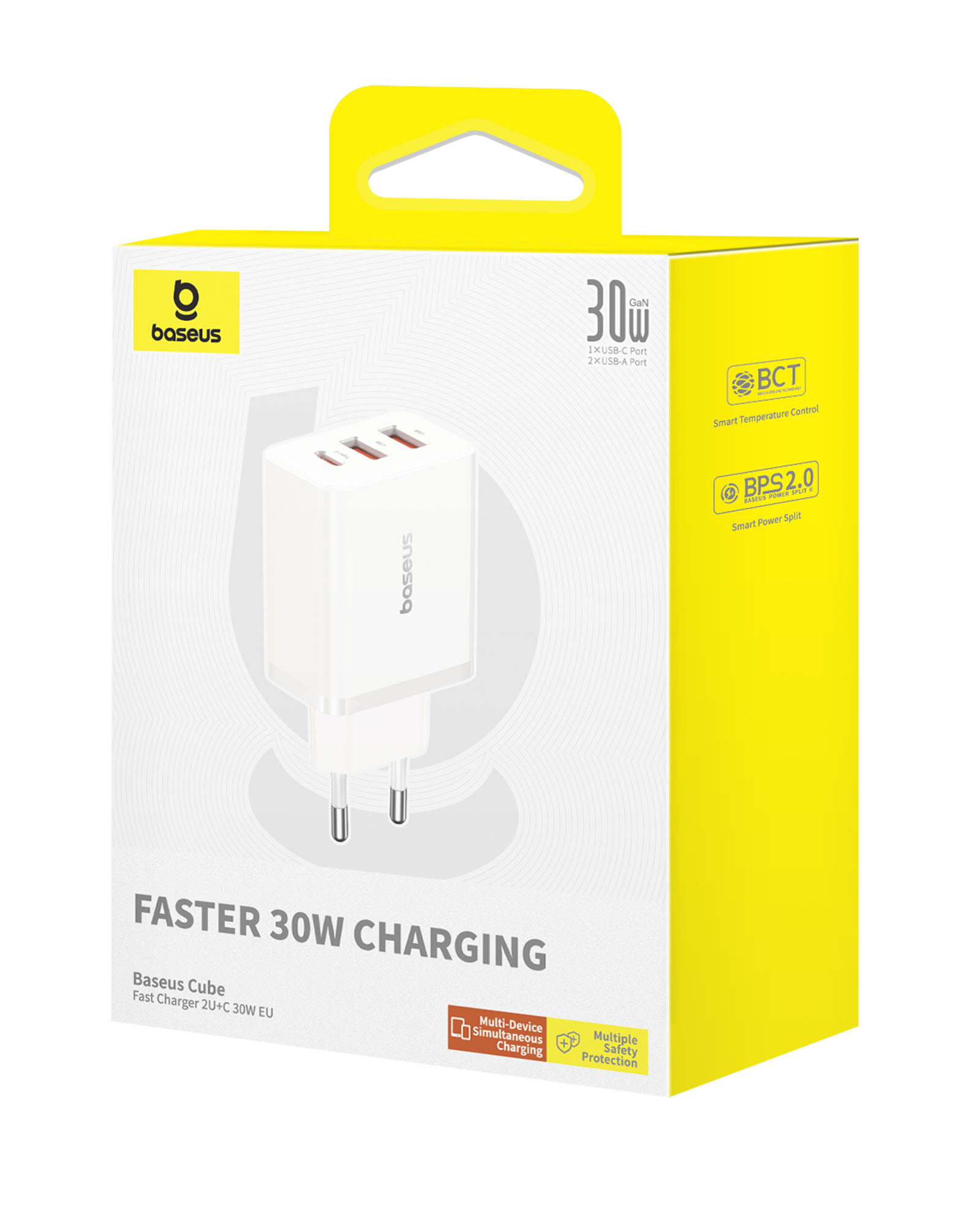 Egy fehér Baseus Cube 30W-os töltő a dobozában. A doboz fehér és sárga. USB portokkal rendelkezik.