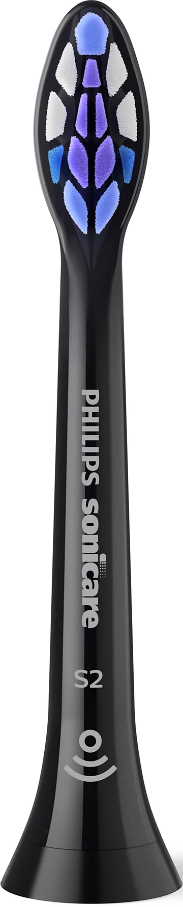 Una testina per spazzolino Philips Sonicare nera. Ha setole blu, viola e bianche. Il manico ha un testo.
