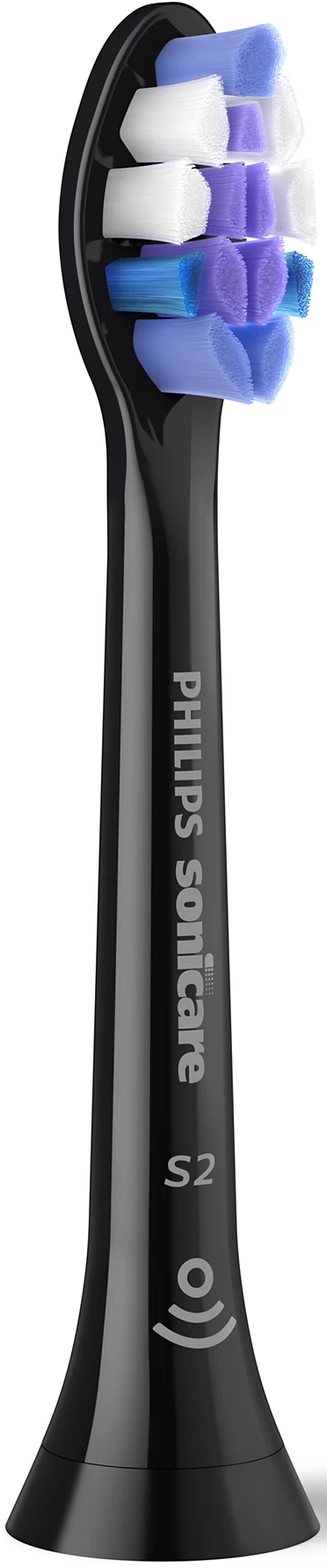 Una testina per spazzolino Philips Sonicare nera con setole bianche, blu e viola. Il manico ha il marchio e il modello.