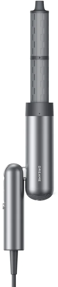 Un tournevis sans fil argent et gris. Il a un corps principal cylindrique avec une section secondaire pivotante. 'DREAME' est imprimé dessus.