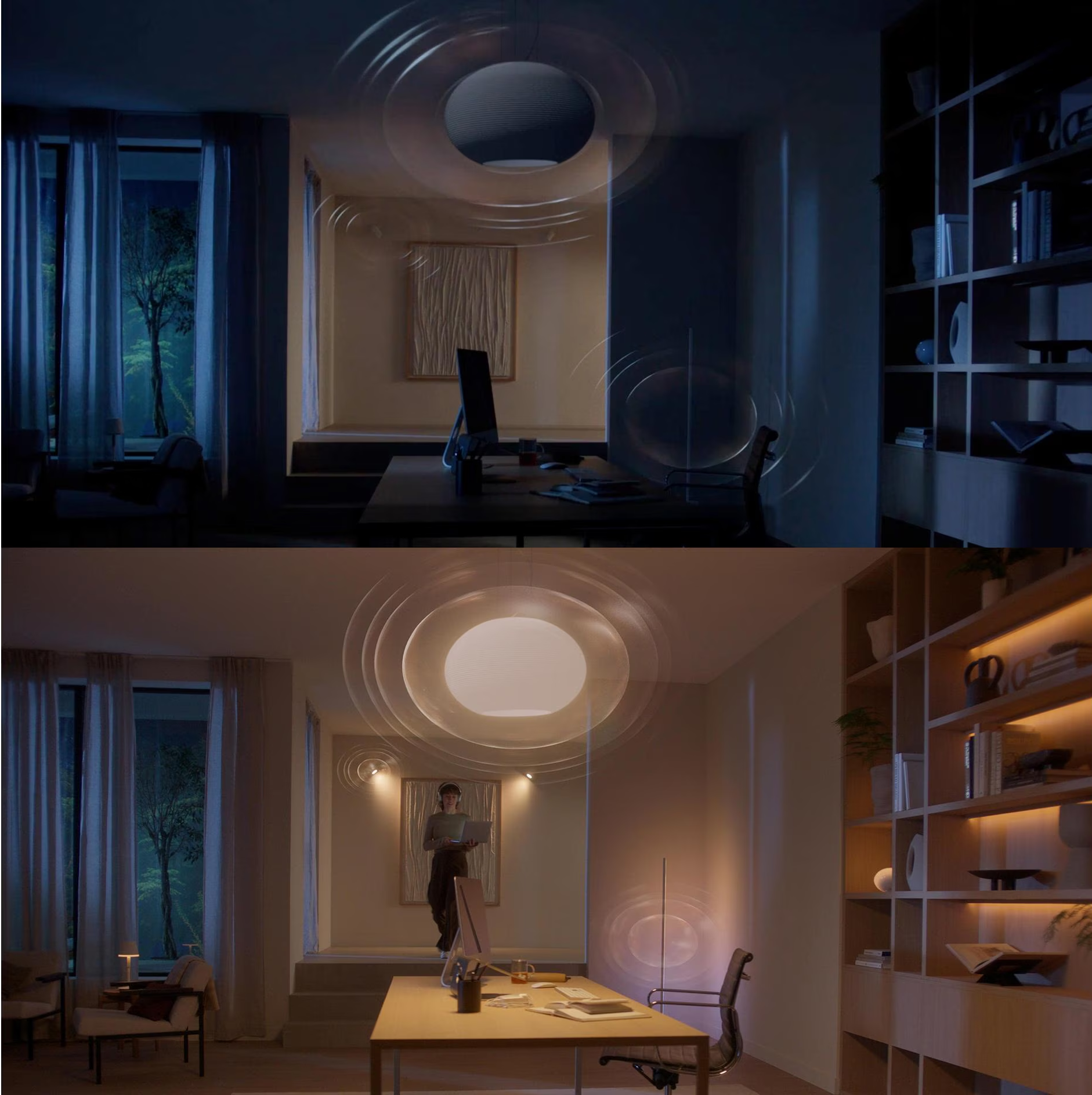 Une pièce avec un bureau, un ordinateur et une femme avec un ordinateur portable. Il y a une étagère, une fenêtre et lumière.