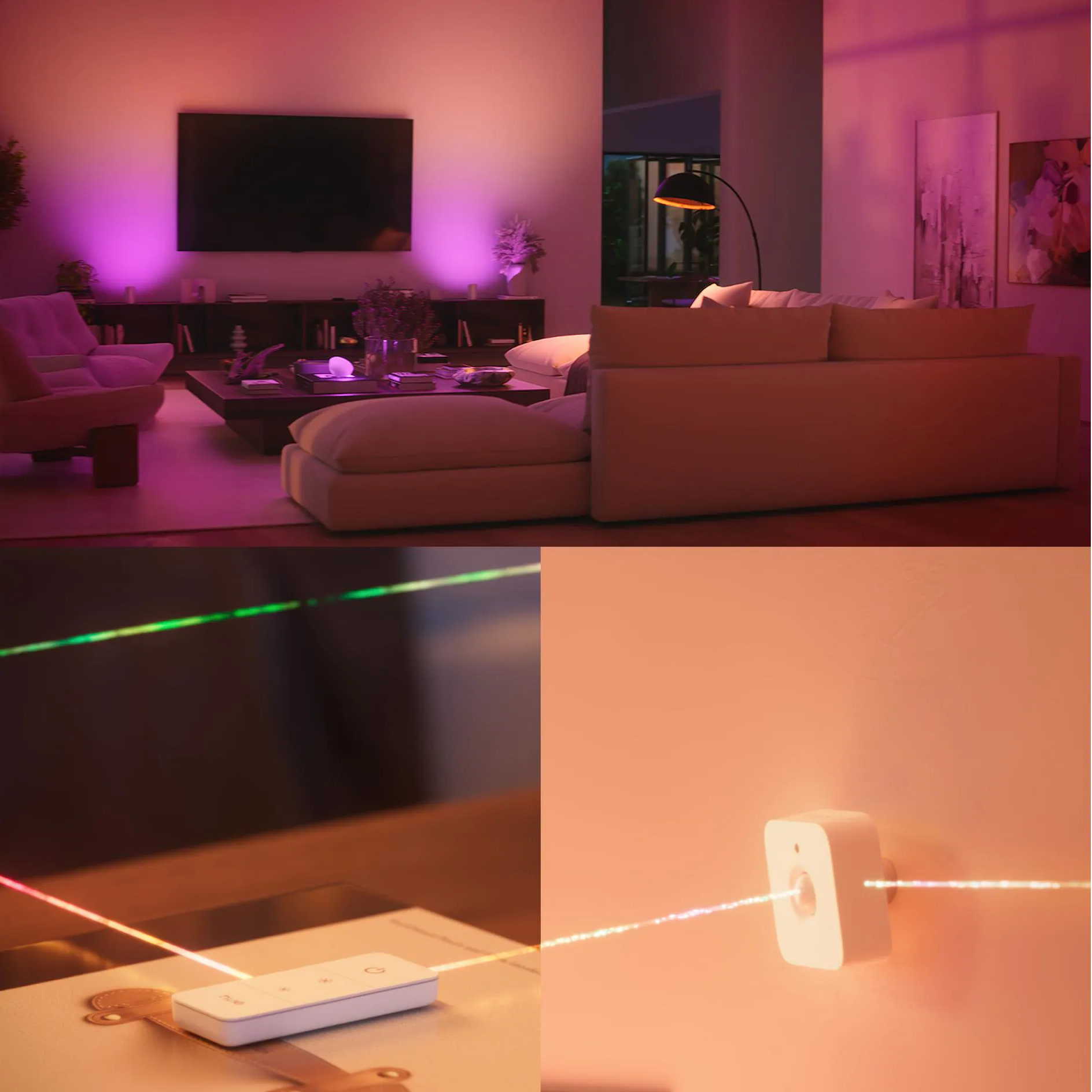 Salon avec éclairage intelligent. Un téléviseur est suspendu au-dessus d'une console. Un appareil de commande et un capteur émettent des rayons lumineux colorés.