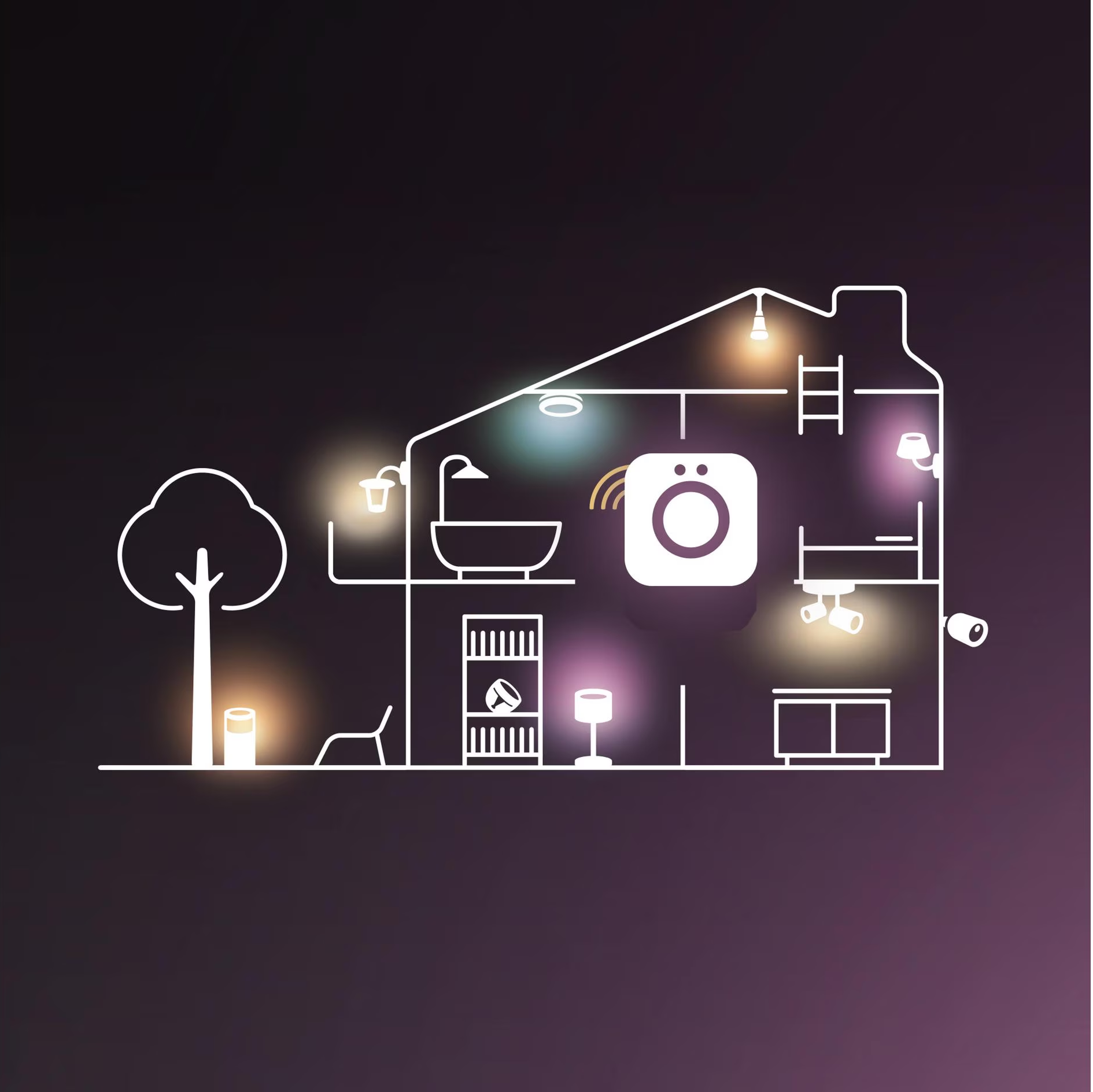 Schéma d'une maison avec des appareils domestiques intelligents, comprenant des lumières, une machine à laver et des caméras de sécurité.