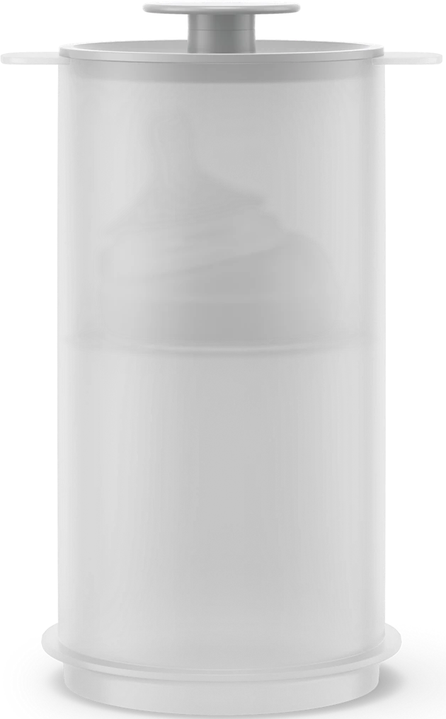 Un récipient cylindrique blanc avec un dessus et une base gris. Il a une poignée en haut et un bord en bas.