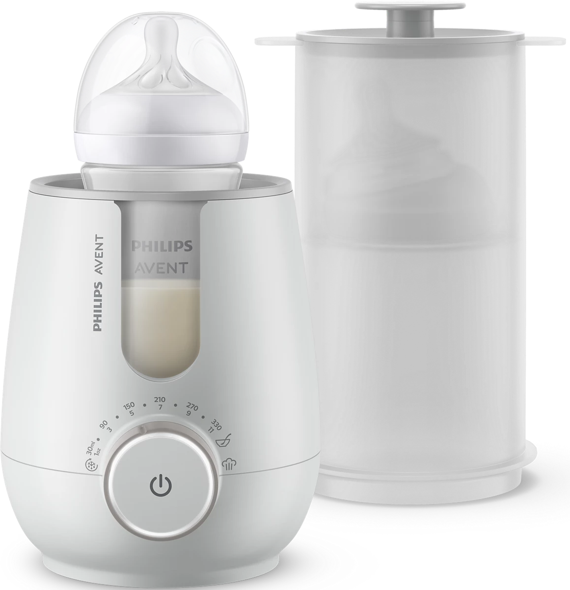 Un chauffe-biberon Philips Avent blanc avec un biberon à l'intérieur et un récipient transparent à droite. Un cadran est visible.