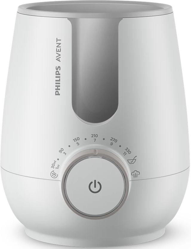 Chauffe-biberon Philips Avent blanc avec dessus gris. Il a un bouton de contrôle avec des chiffres et un bouton d'alimentation.