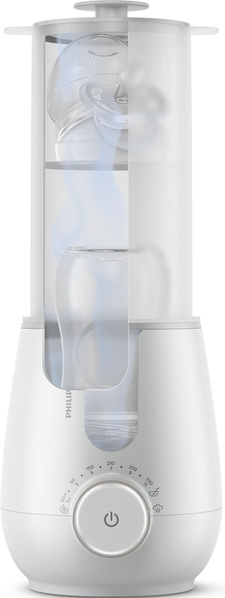 Chauffe-biberon blanc avec des composants transparents montrant des biberons à l'intérieur. Un cadran avec des chiffres et un bouton d'alimentation est visible.