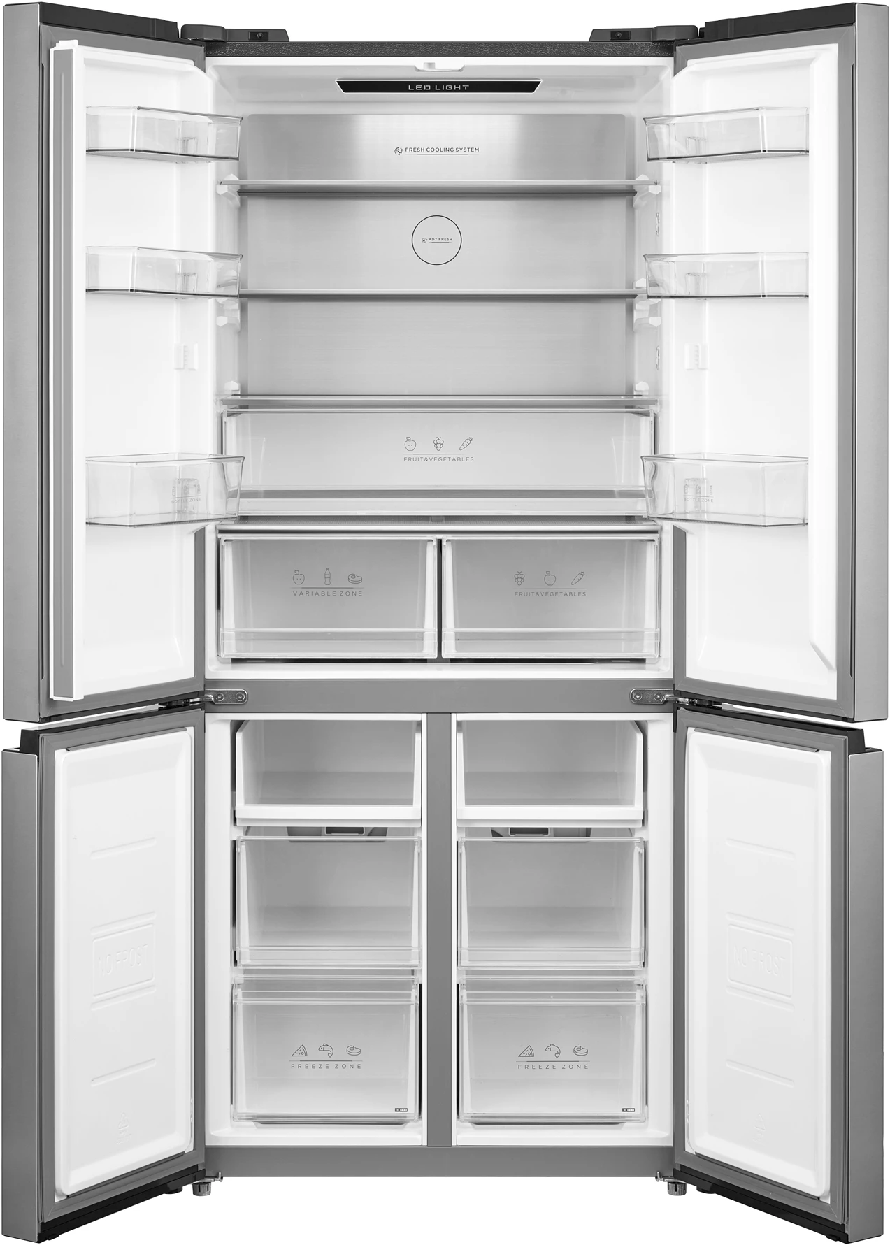 Ein offener, moderner Kühlschrank. Er hat mehrere Fächer, Regale und Schubladen, einschließlich Gefrierbereiche, mit transparenten Kunststoffbehältern und LED-Beleuchtung.