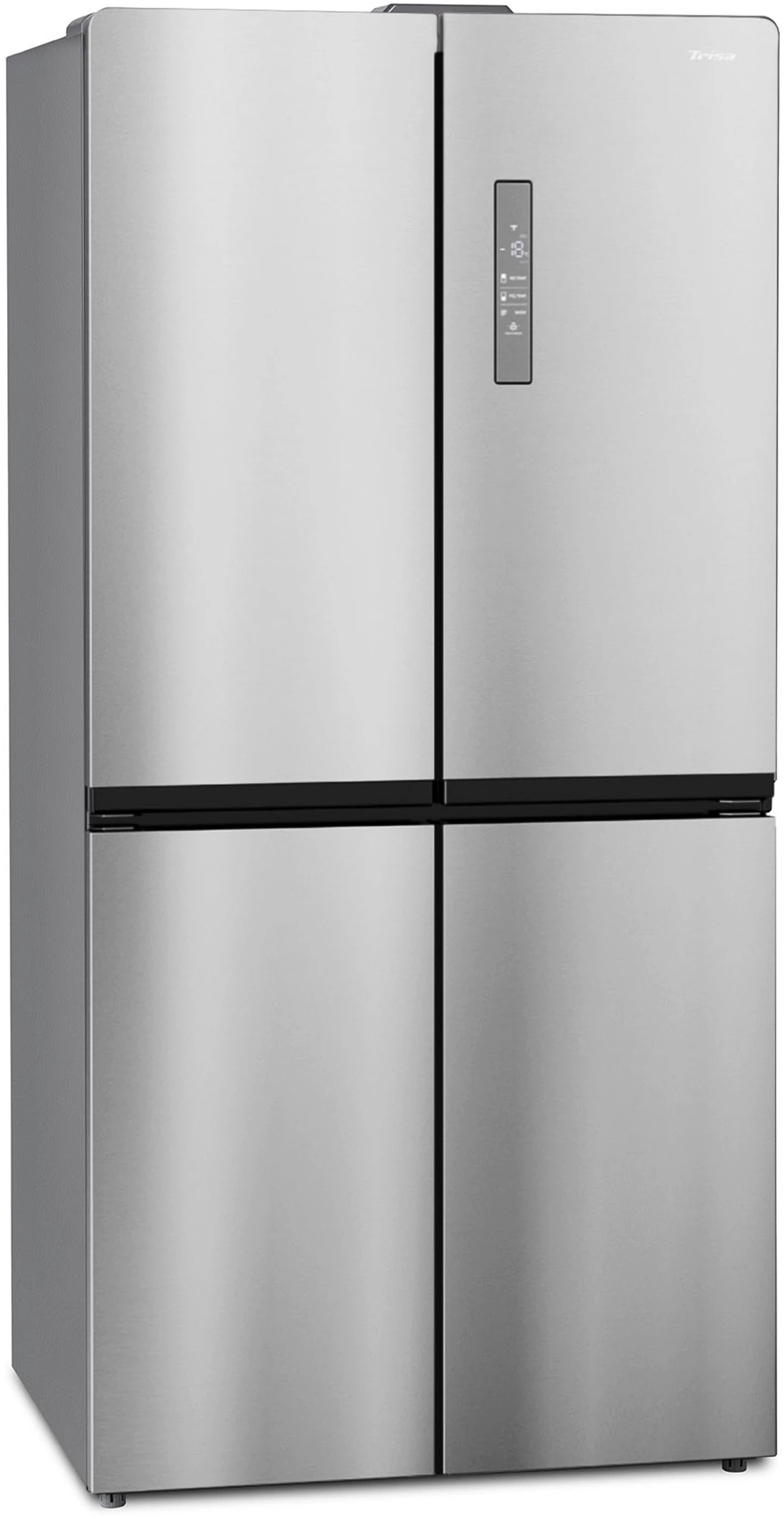 Ein Edelstahlkühlschrank mit vier Türen. Er hat eine digitale Anzeige und der Markenname 'Trisa' ist sichtbar.