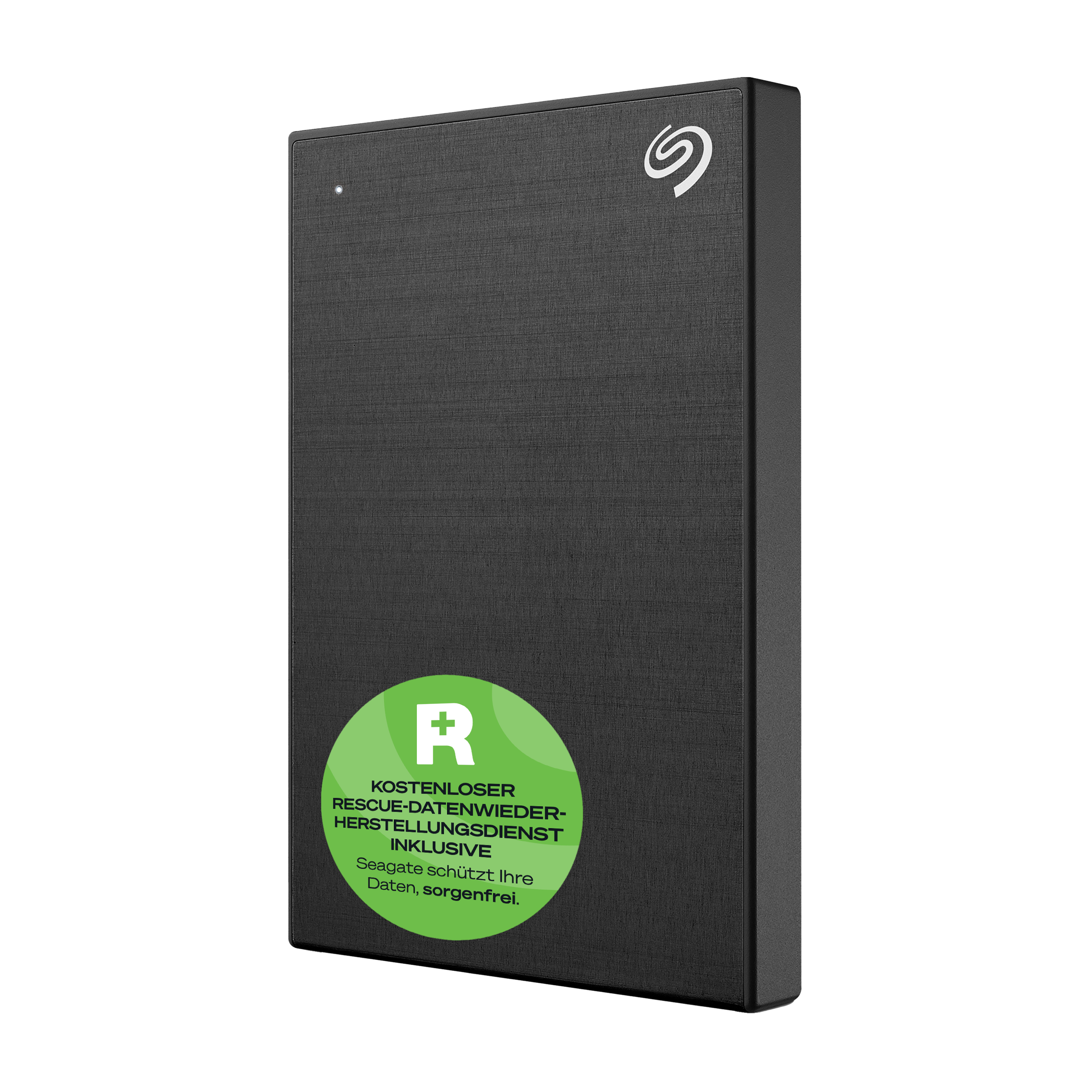 Eine schwarze externe Festplatte von Seagate mit einem grünen Aufkleber. Das Seagate-Logo ist oben rechts.