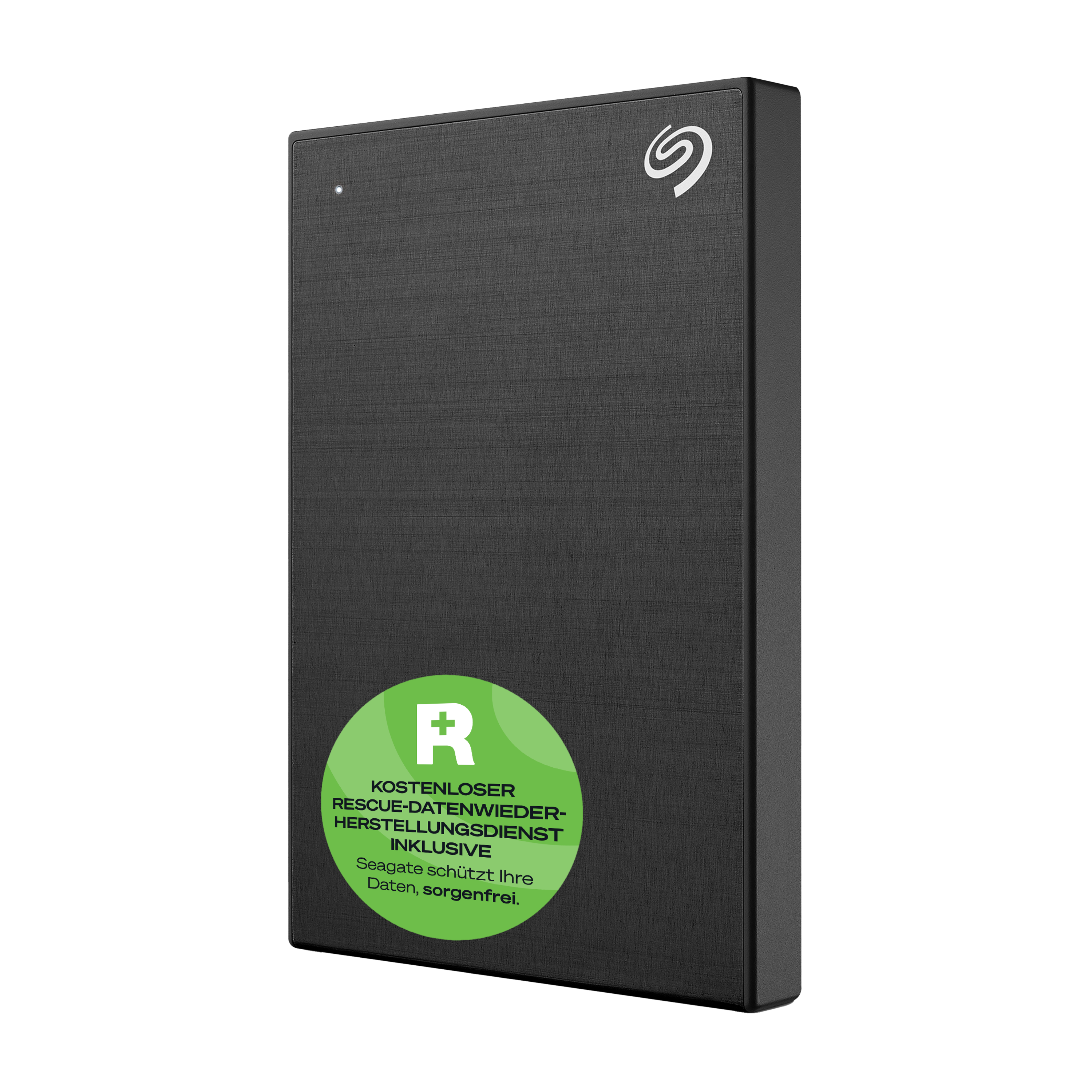 Eine schwarze externe Festplatte mit grünem Aufkleber. Das Seagate-Logo befindet sich oben rechts.