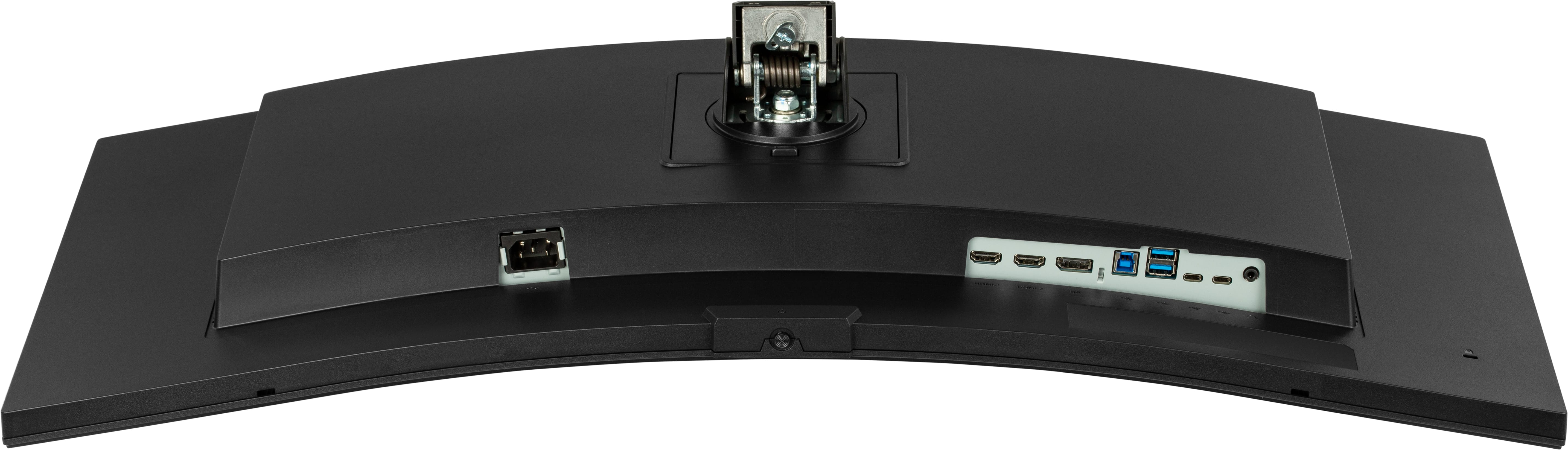 Tył zakrzywionego czarnego monitora z portami USB, HDMI i zasilania. Na górze stojak.