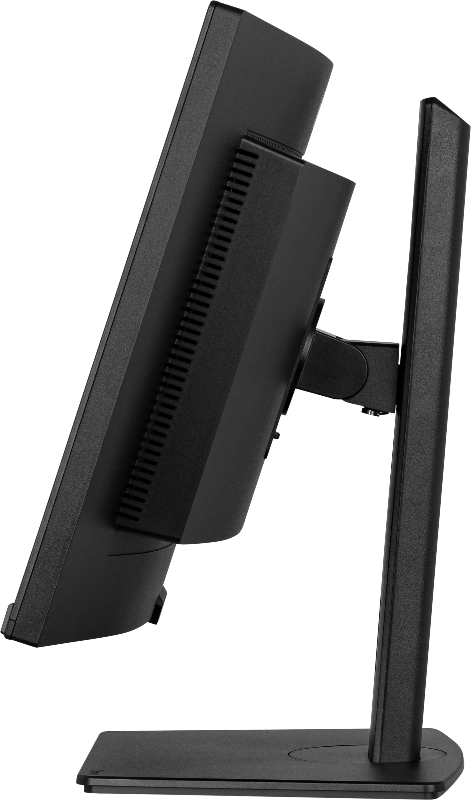 Czarny monitor komputera jest pokazany z boku. Ekran jest pochylony, odsłaniając podstawę, stojak i tylną obudowę.