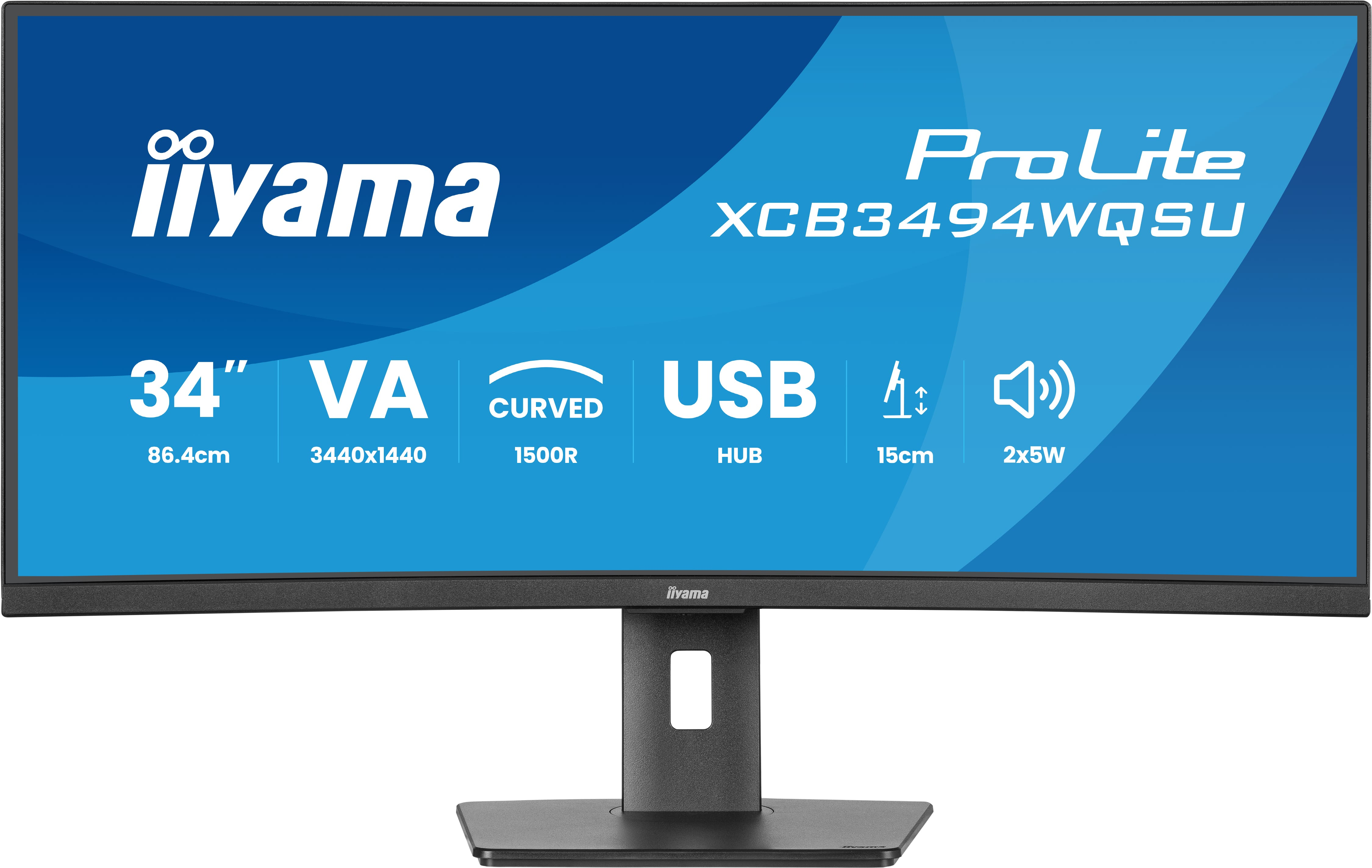 Zakrzywiony monitor Iiyama pokazuje specyfikacje: 34", VA, USB HUB, 15cm, 2x5W. Niebieskie tło z białym tekstem. Czarny stojak.